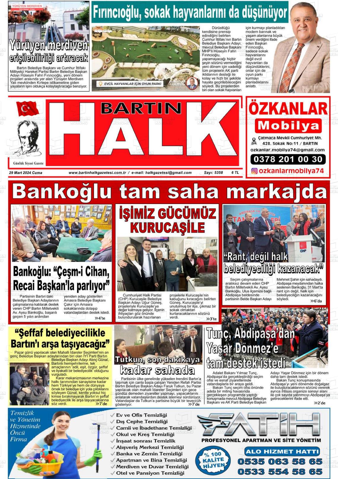 29 Mart 2024 Bartın Halk Gazete Manşeti