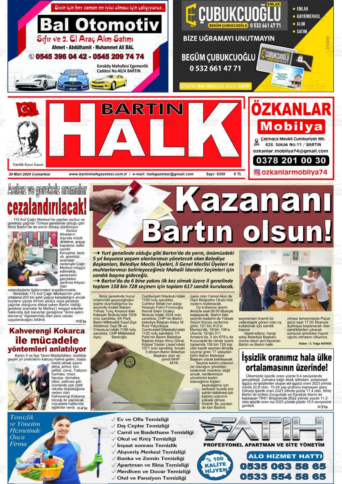 30 Mart 2024 Bartın Halk Gazete Manşeti