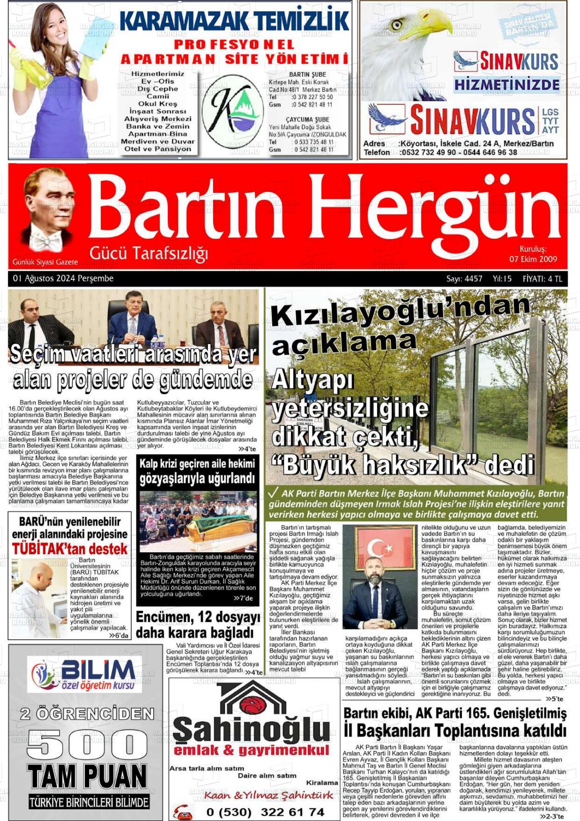 01 Ağustos 2024 Bartın Hergün Gazete Manşeti