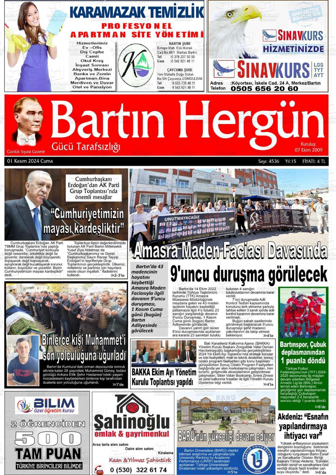 01 Kasım 2024 Bartın Hergün Gazete Manşeti