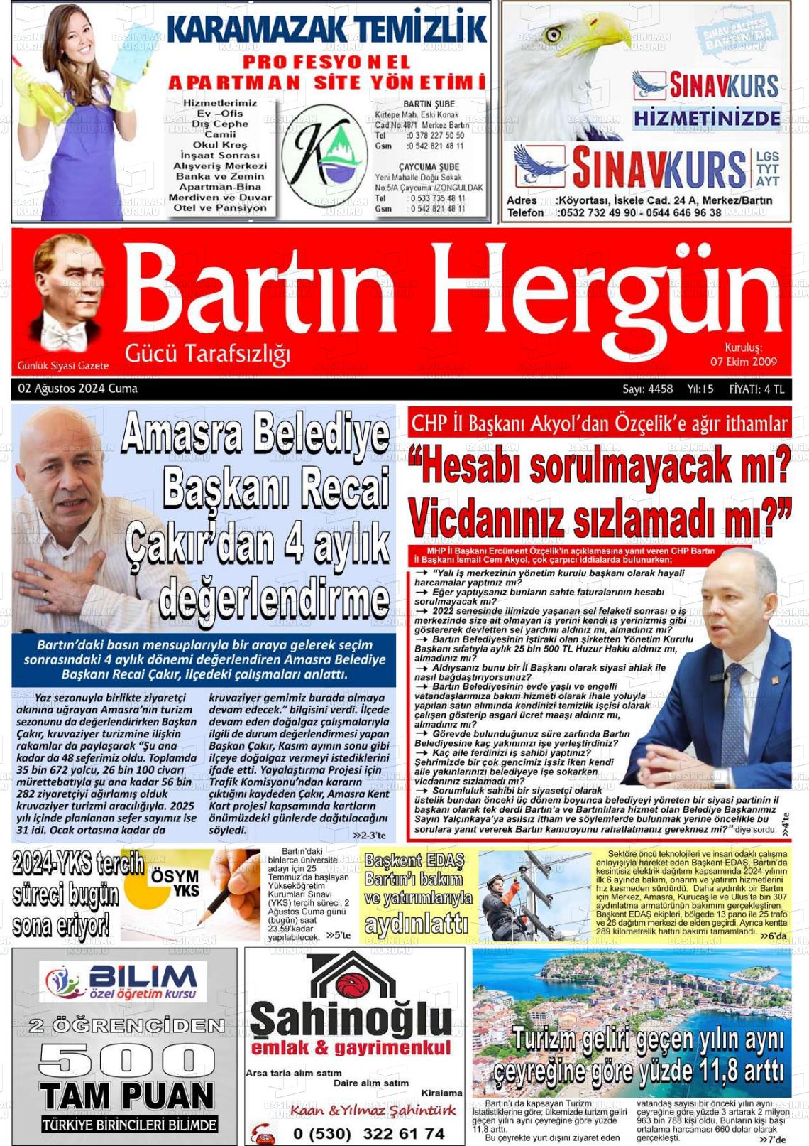 02 Ağustos 2024 Bartın Hergün Gazete Manşeti