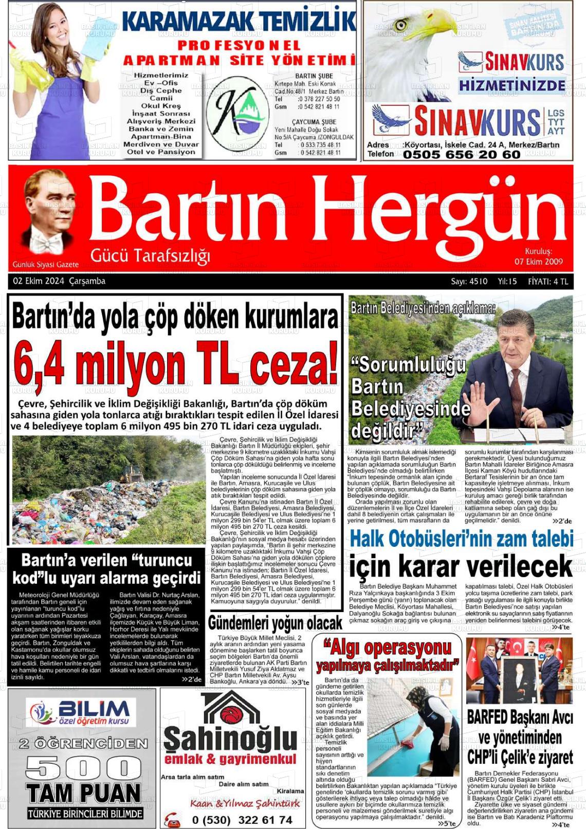 02 Ekim 2024 Bartın Hergün Gazete Manşeti