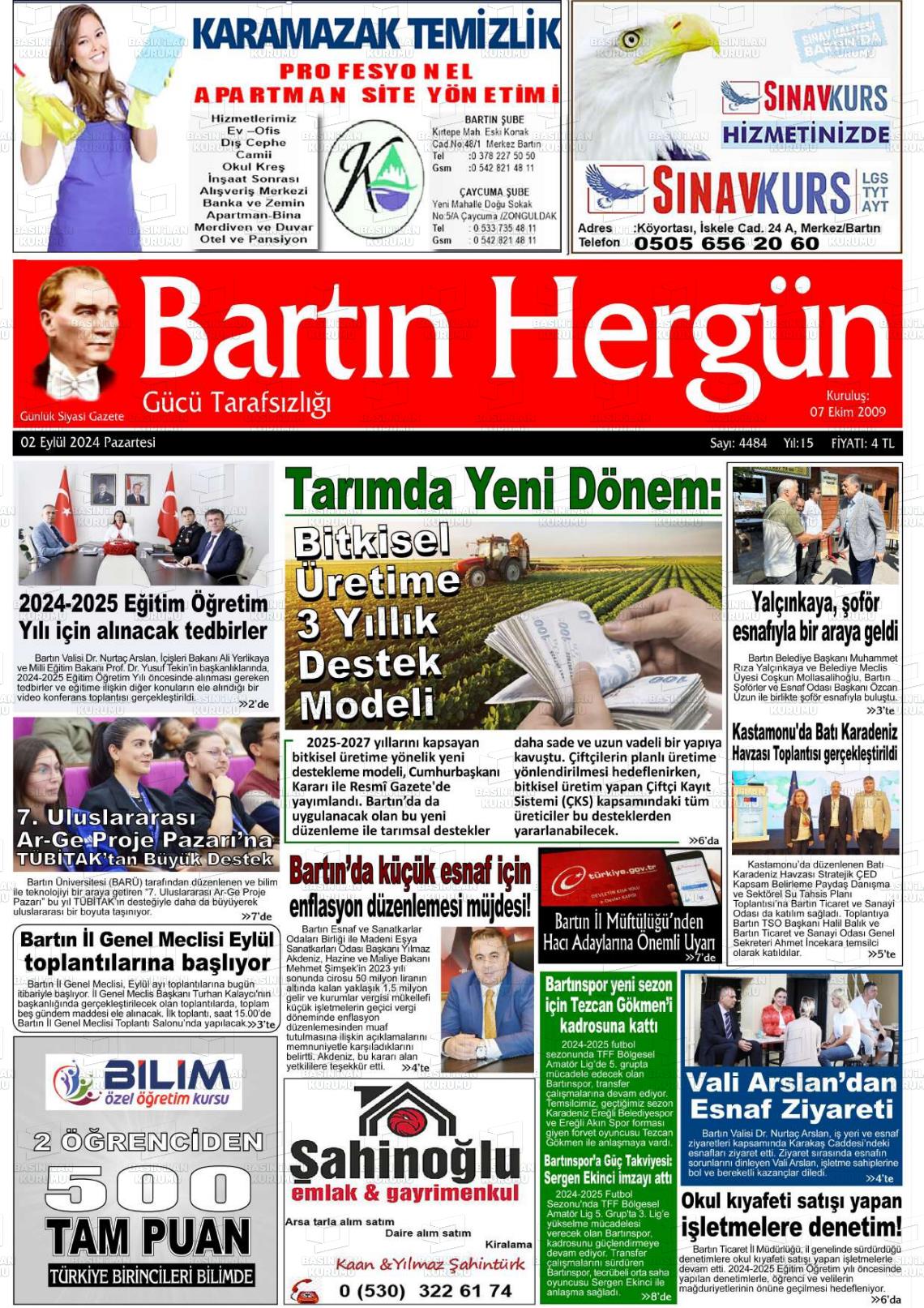 02 Eylül 2024 Bartın Hergün Gazete Manşeti