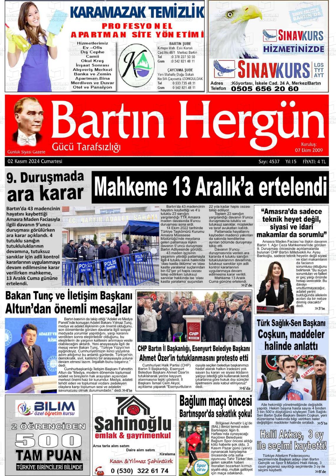 02 Kasım 2024 Bartın Hergün Gazete Manşeti