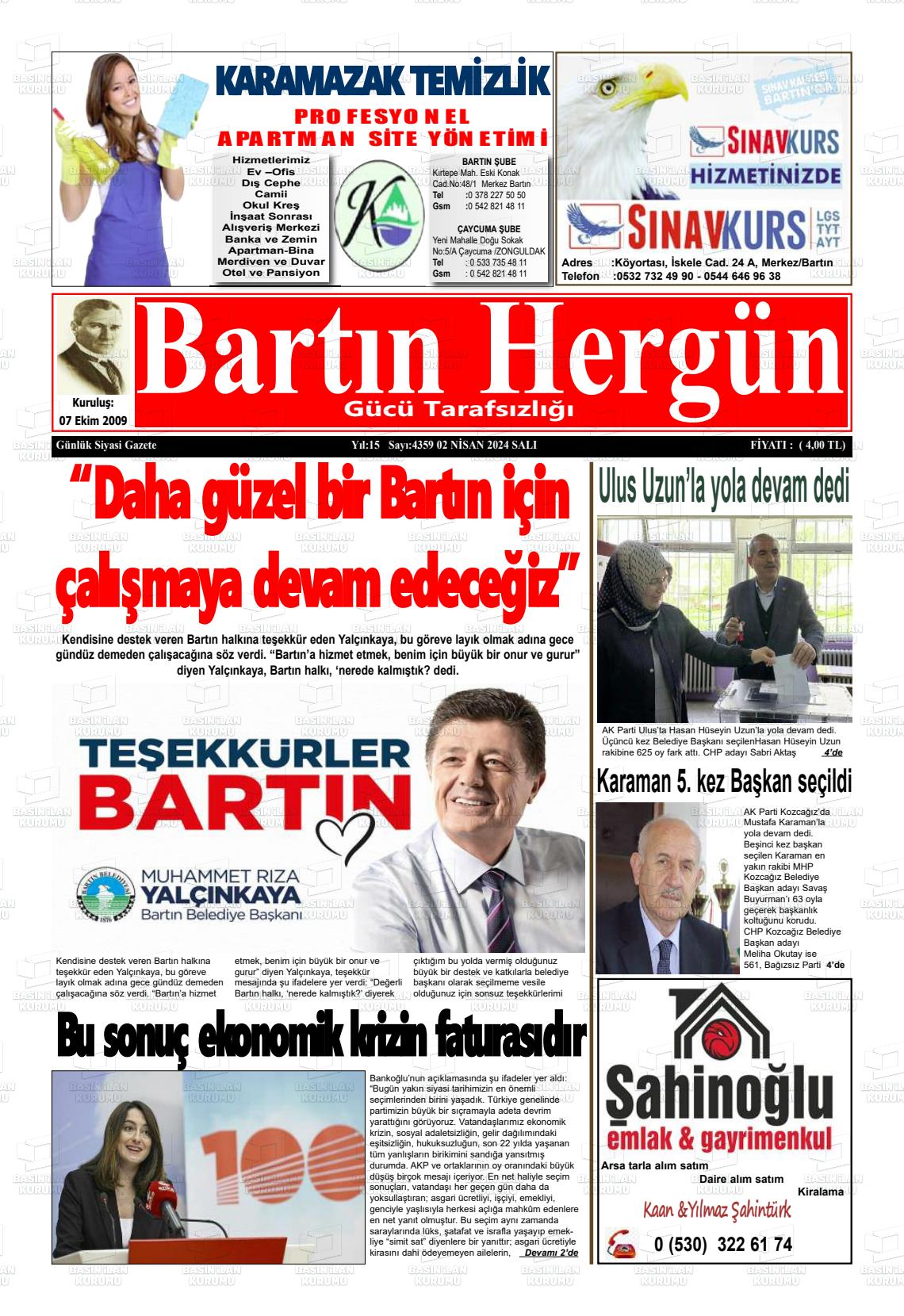 02 Nisan 2024 Bartın Hergün Gazete Manşeti