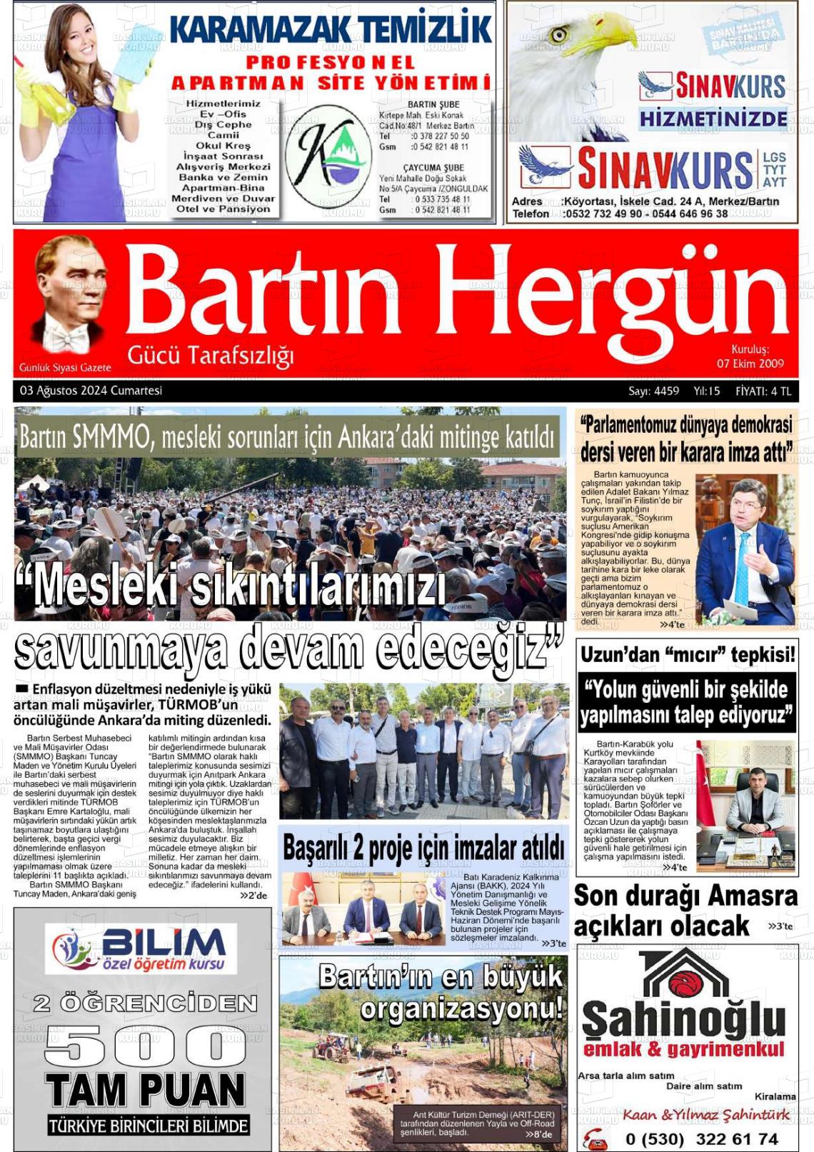 03 Ağustos 2024 Bartın Hergün Gazete Manşeti