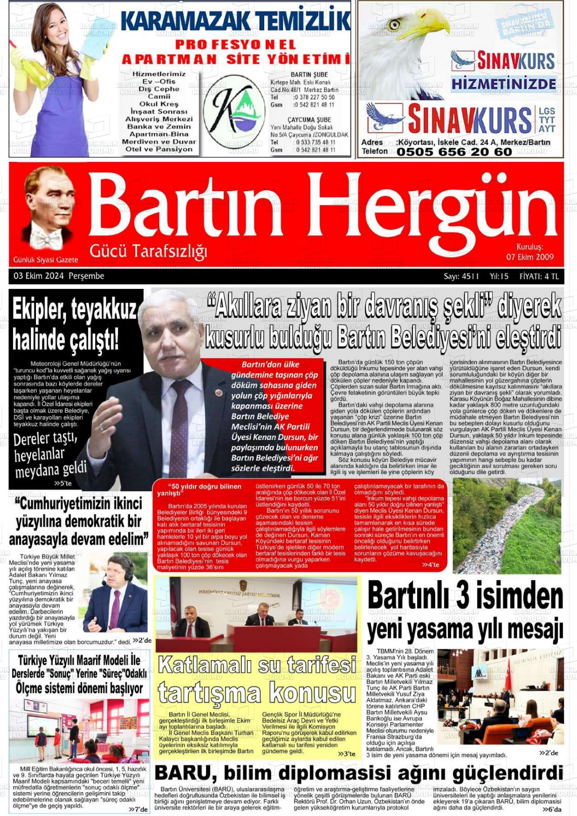 03 Ekim 2024 Bartın Hergün Gazete Manşeti