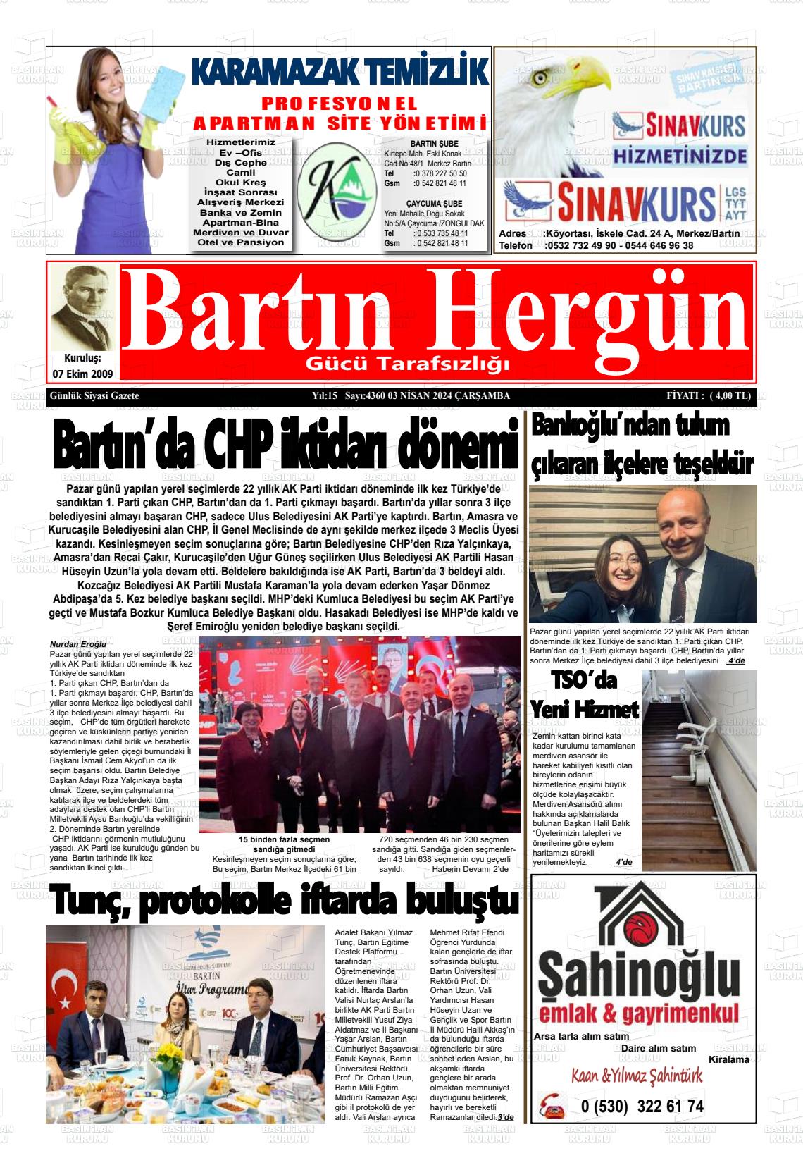 03 Nisan 2024 Bartın Hergün Gazete Manşeti