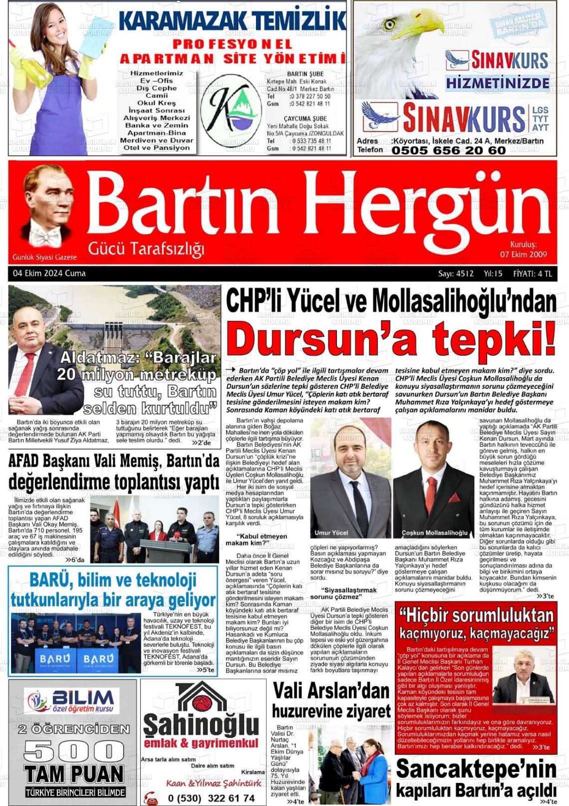 04 Ekim 2024 Bartın Hergün Gazete Manşeti