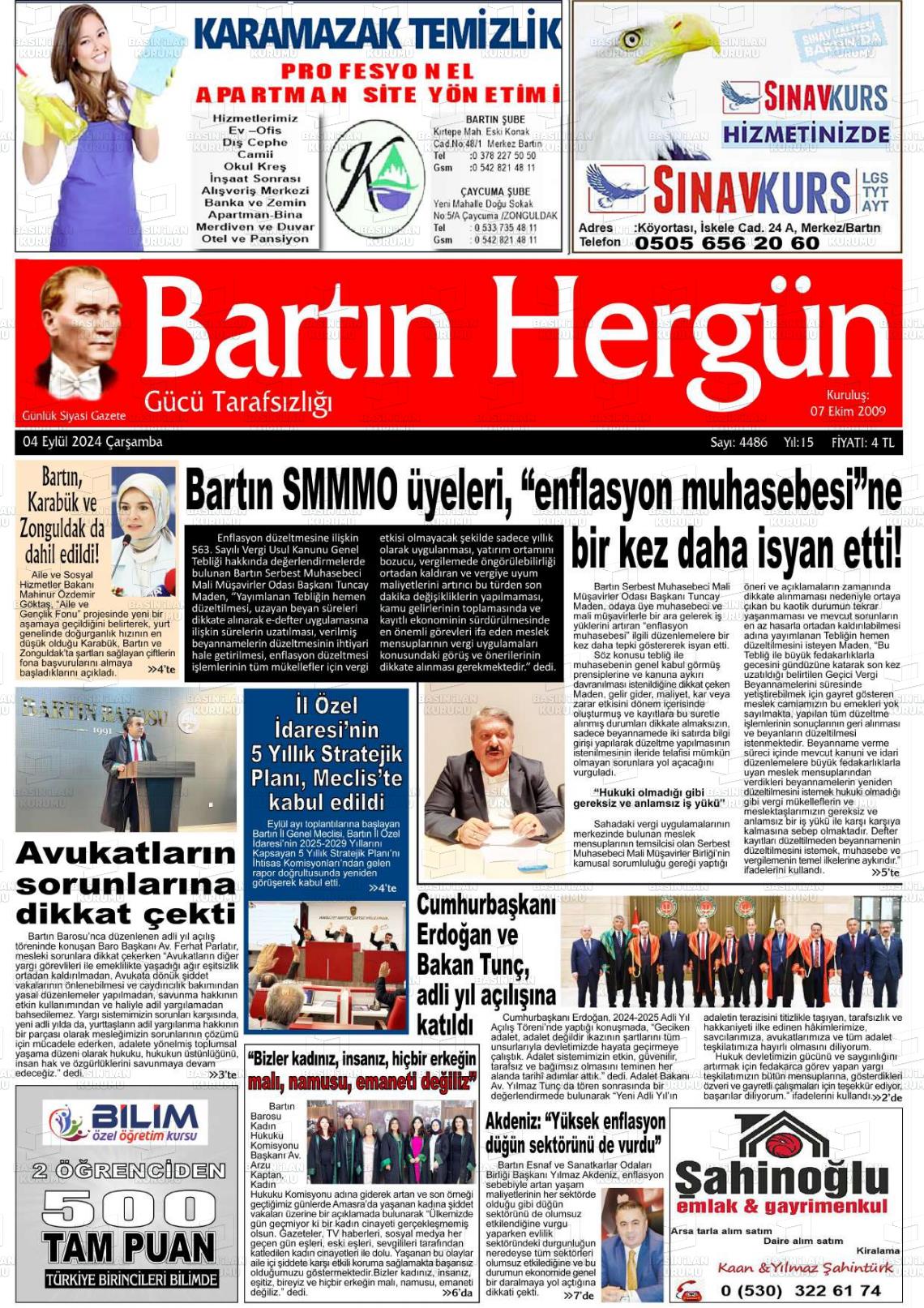 04 Eylül 2024 Bartın Hergün Gazete Manşeti