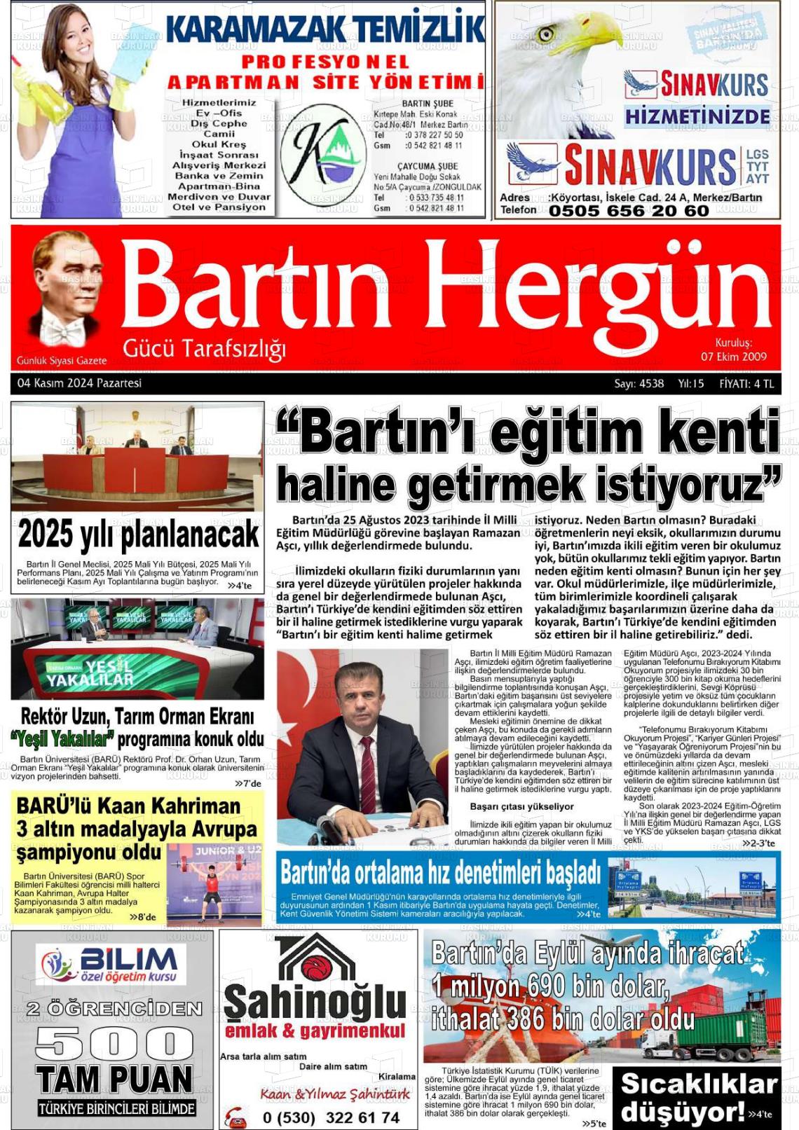 04 Kasım 2024 Bartın Hergün Gazete Manşeti