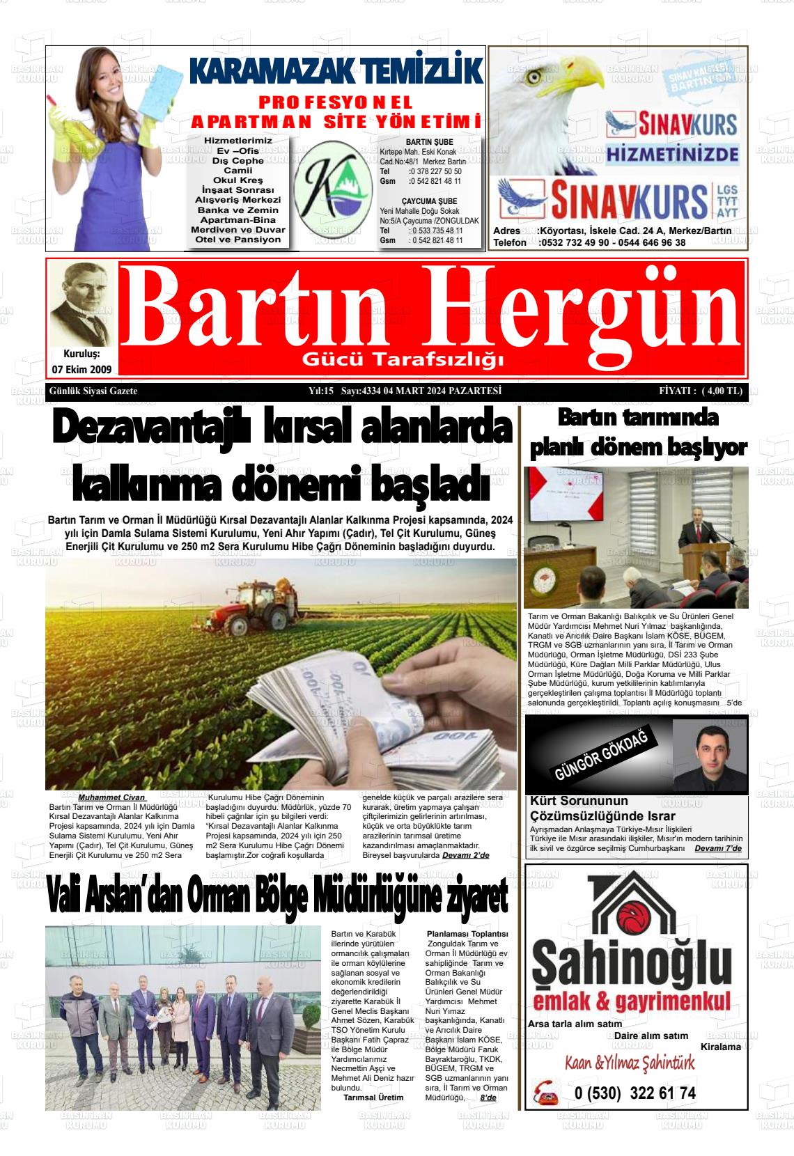 04 Mart 2024 Bartın Hergün Gazete Manşeti