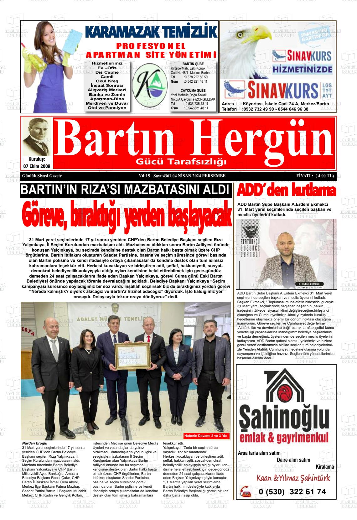 04 Nisan 2024 Bartın Hergün Gazete Manşeti