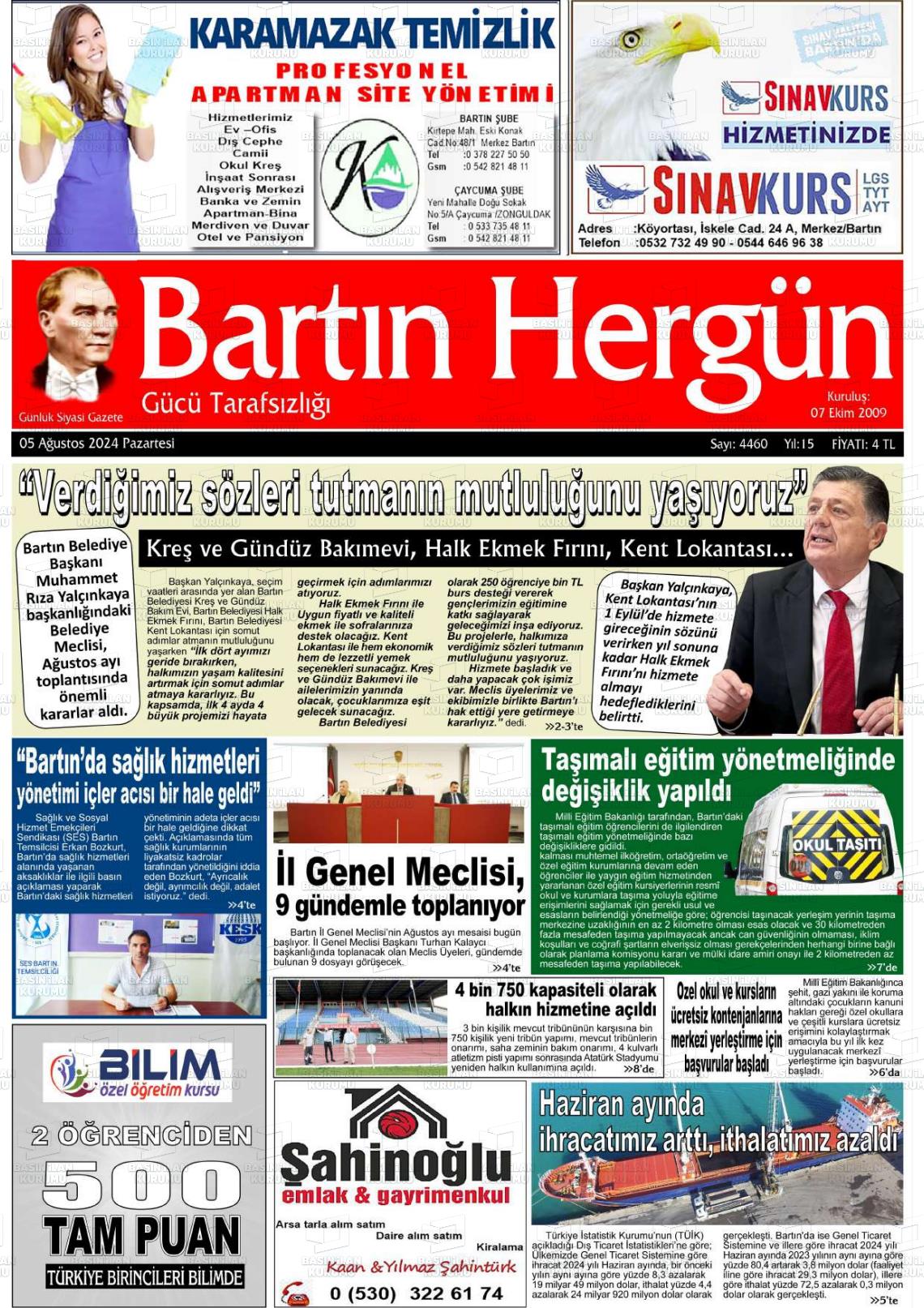 05 Ağustos 2024 Bartın Hergün Gazete Manşeti