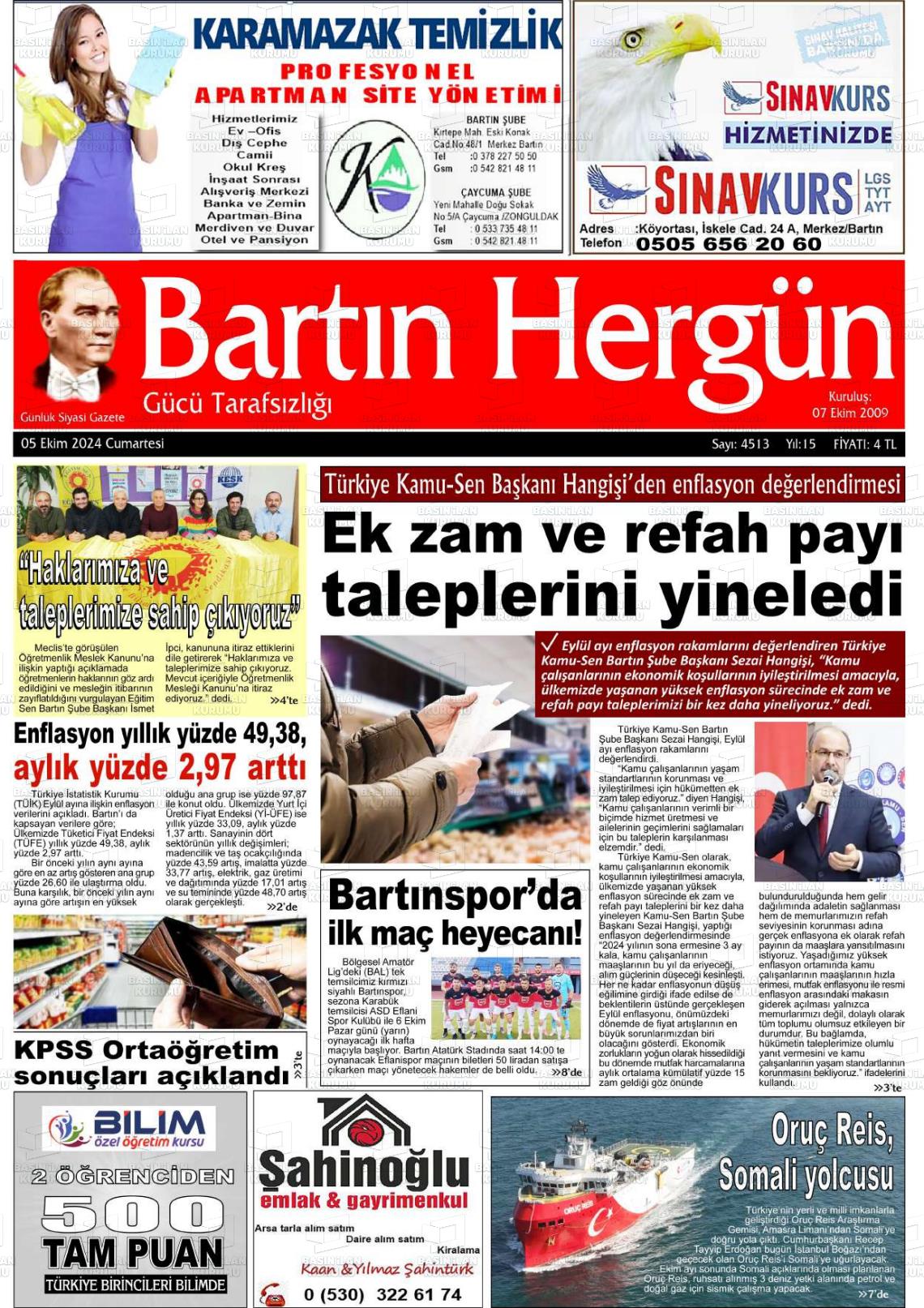 05 Ekim 2024 Bartın Hergün Gazete Manşeti