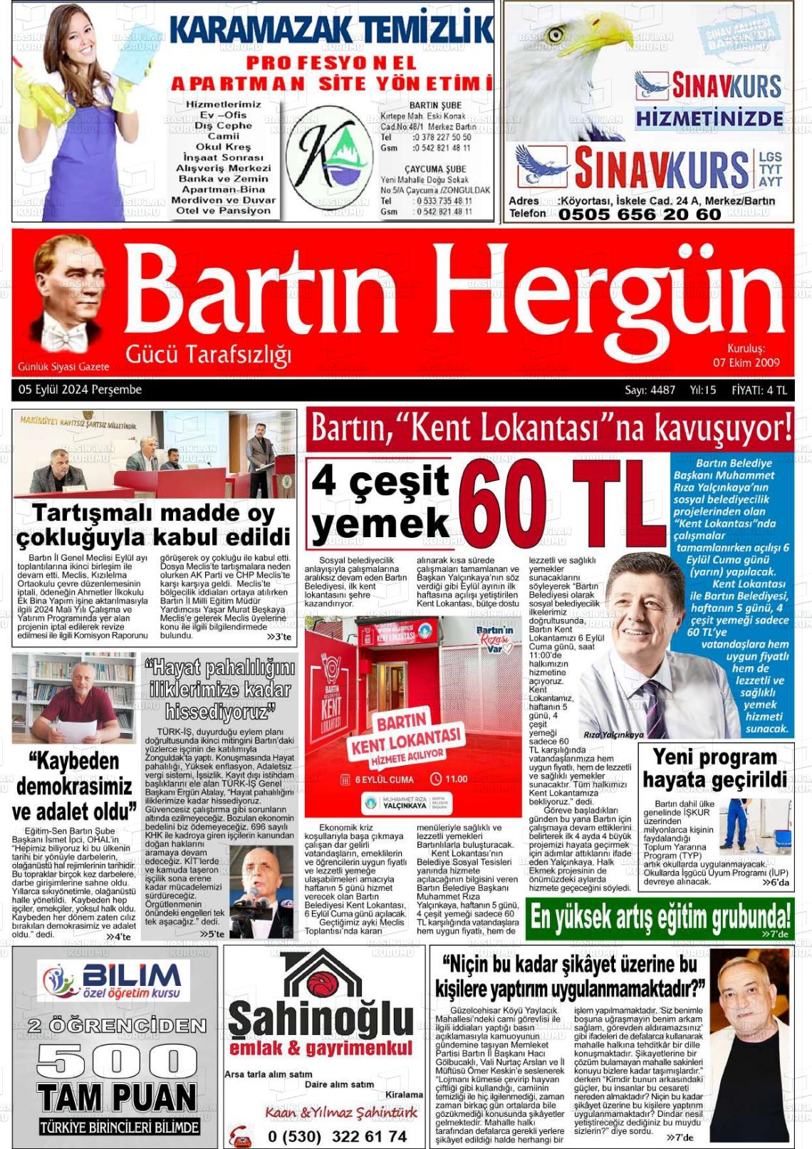 05 Eylül 2024 Bartın Hergün Gazete Manşeti