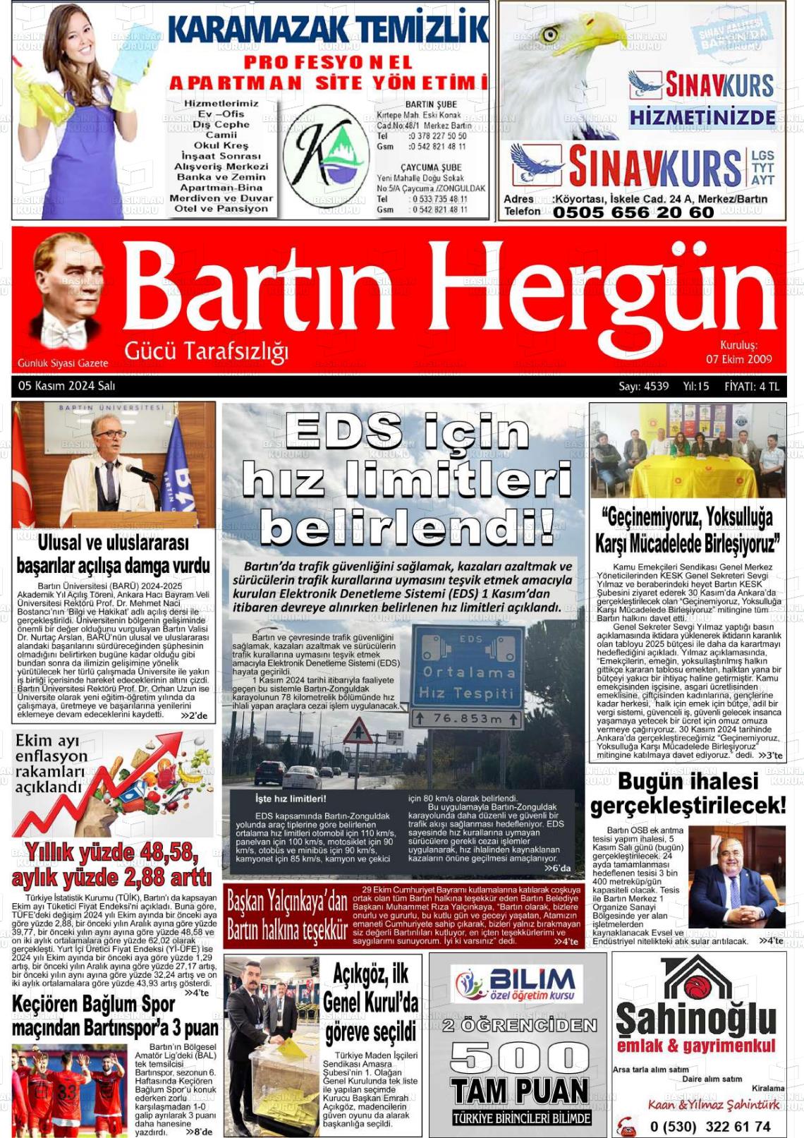 05 Kasım 2024 Bartın Hergün Gazete Manşeti