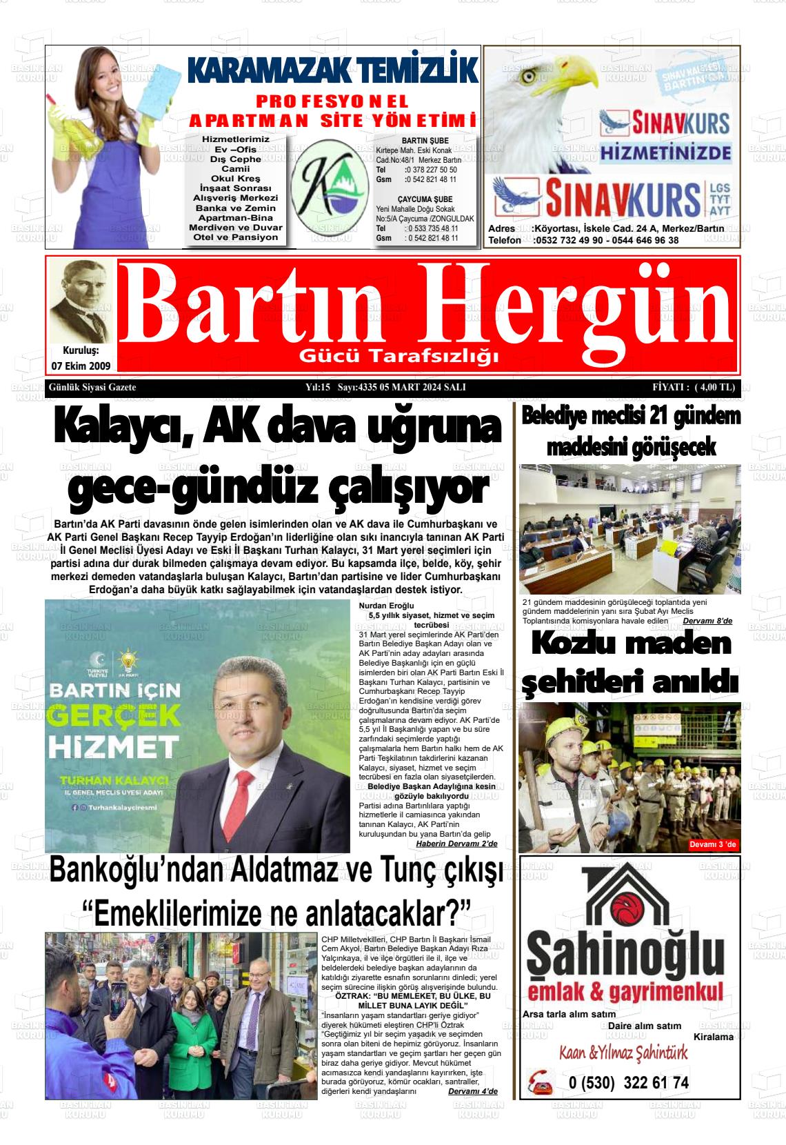 07 Mart 2024 Bartın Hergün Gazete Manşeti