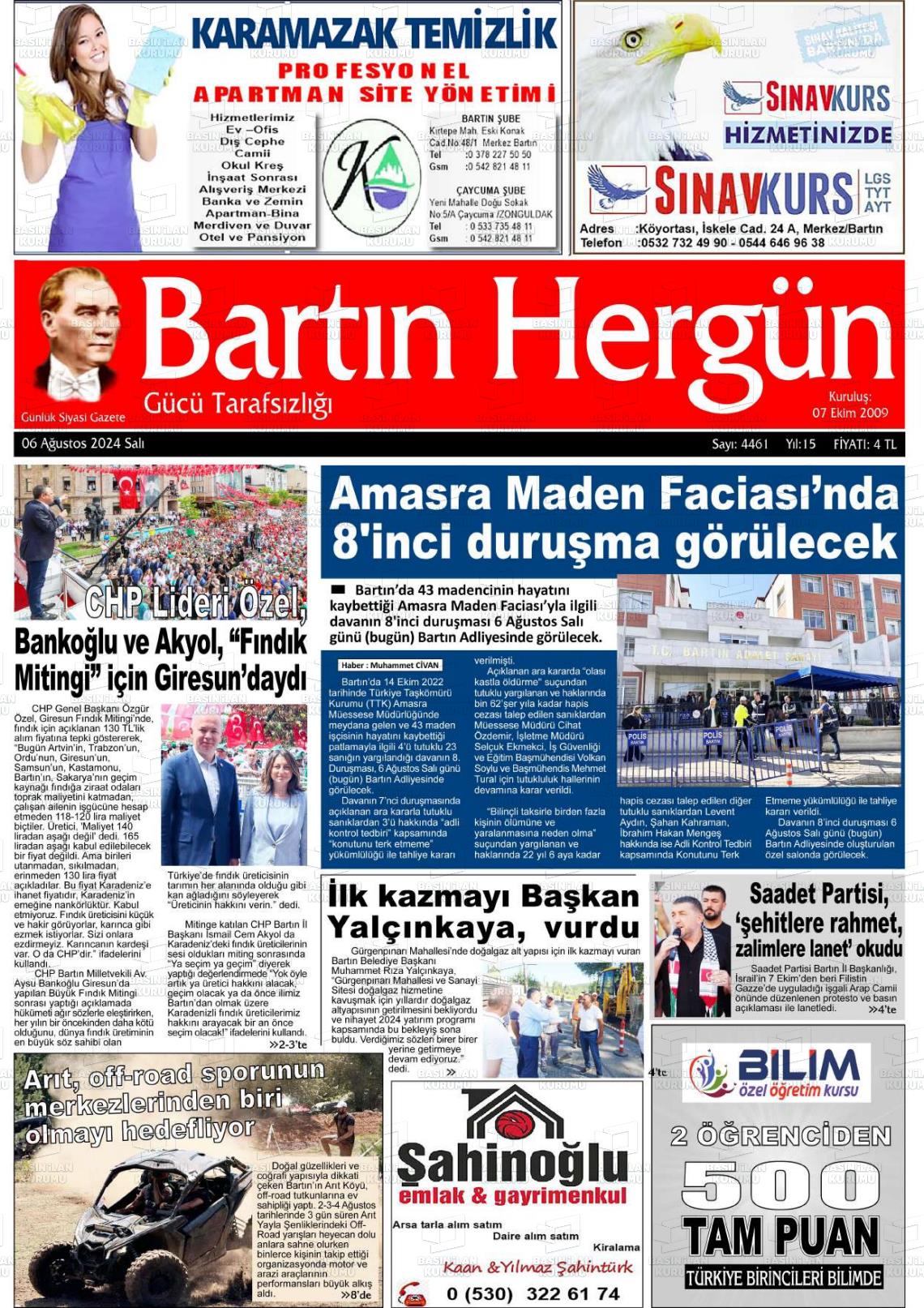 06 Ağustos 2024 Bartın Hergün Gazete Manşeti