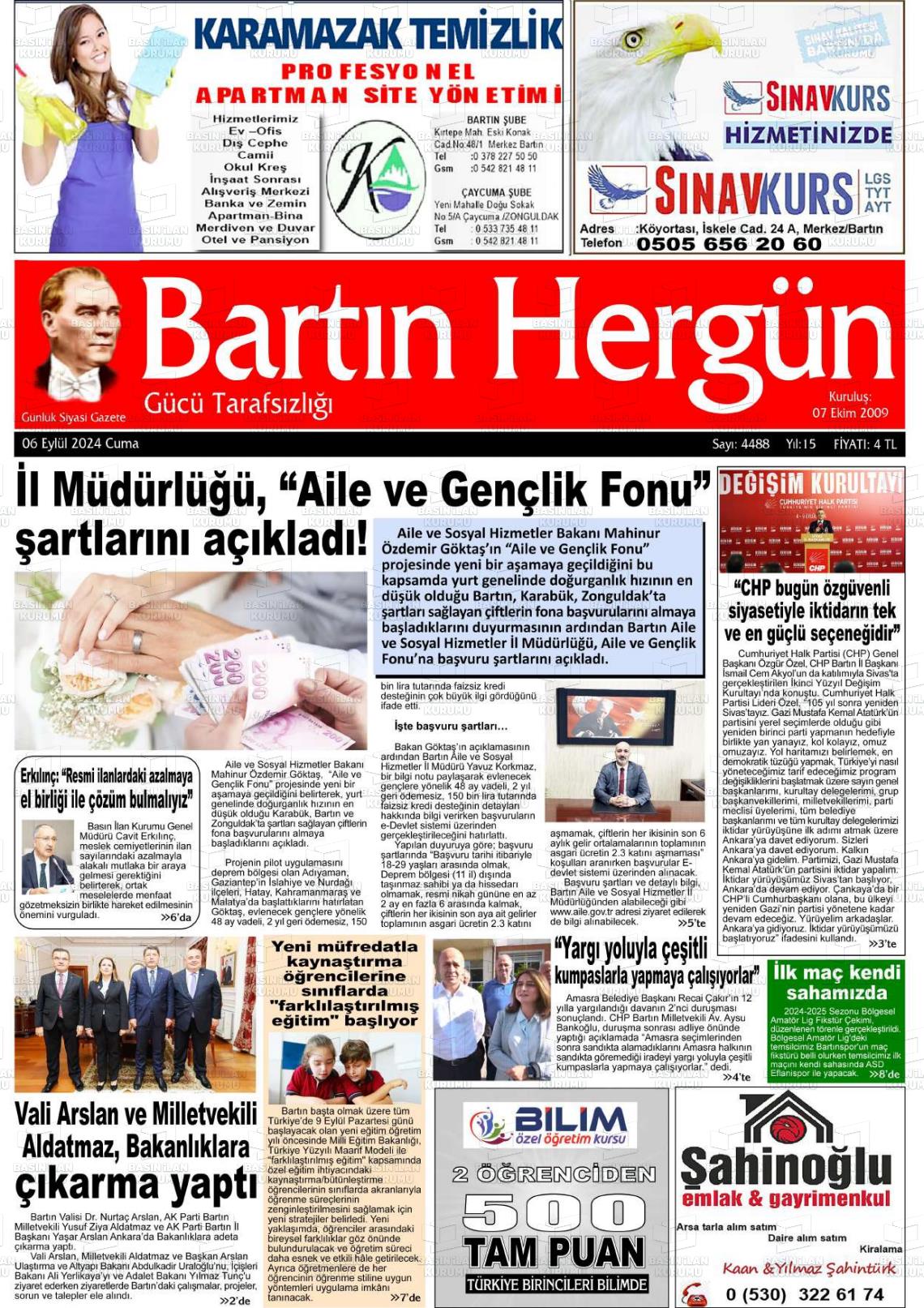 06 Eylül 2024 Bartın Hergün Gazete Manşeti