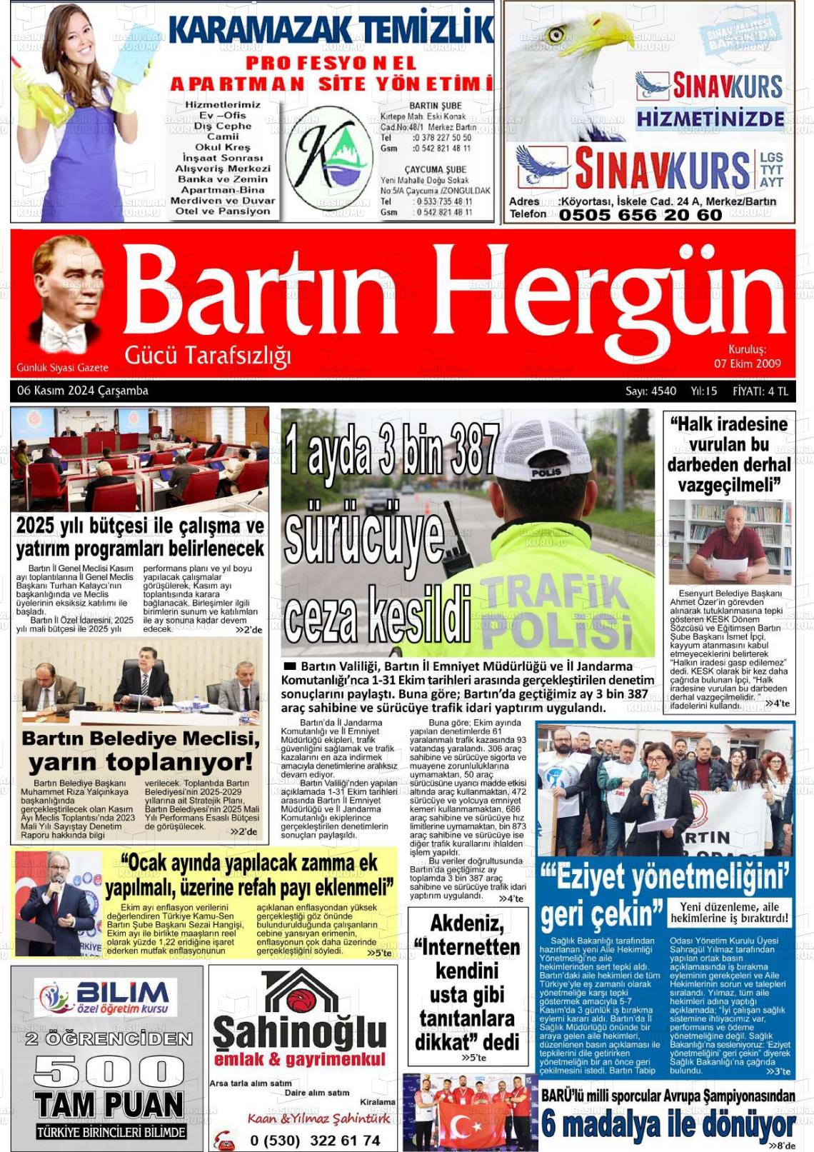 06 Kasım 2024 Bartın Hergün Gazete Manşeti