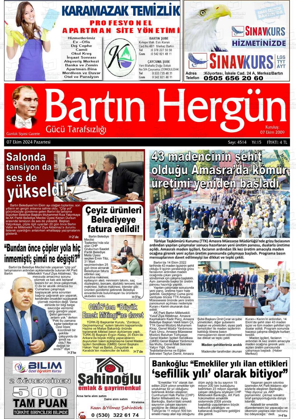 07 Ekim 2024 Bartın Hergün Gazete Manşeti