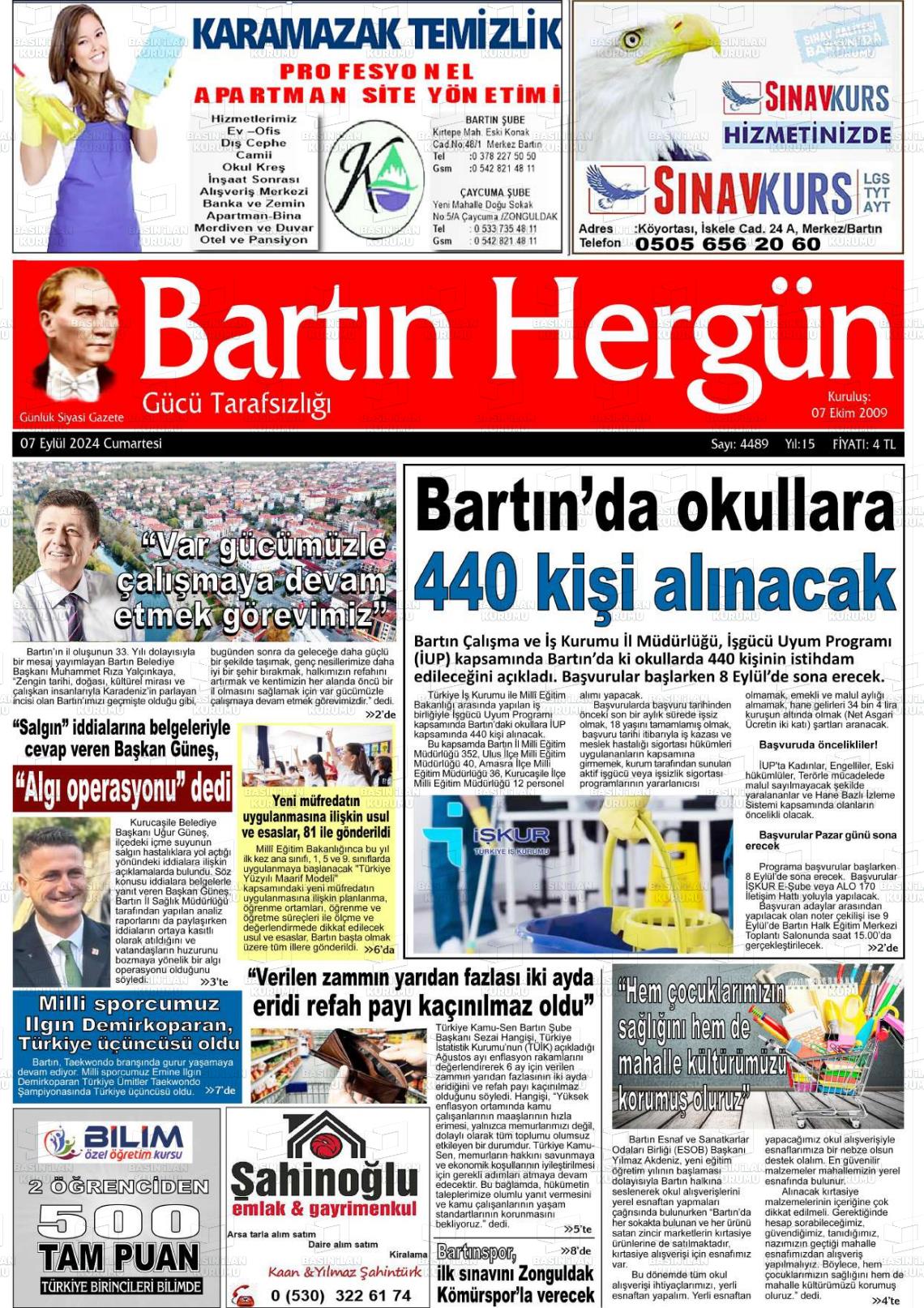 07 Eylül 2024 Bartın Hergün Gazete Manşeti