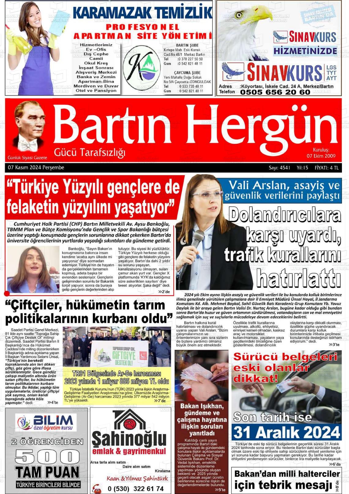 07 Kasım 2024 Bartın Hergün Gazete Manşeti