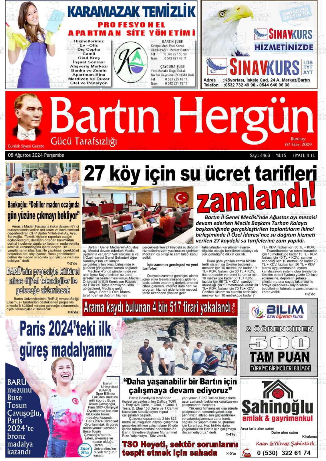 08 Ağustos 2024 Bartın Hergün Gazete Manşeti