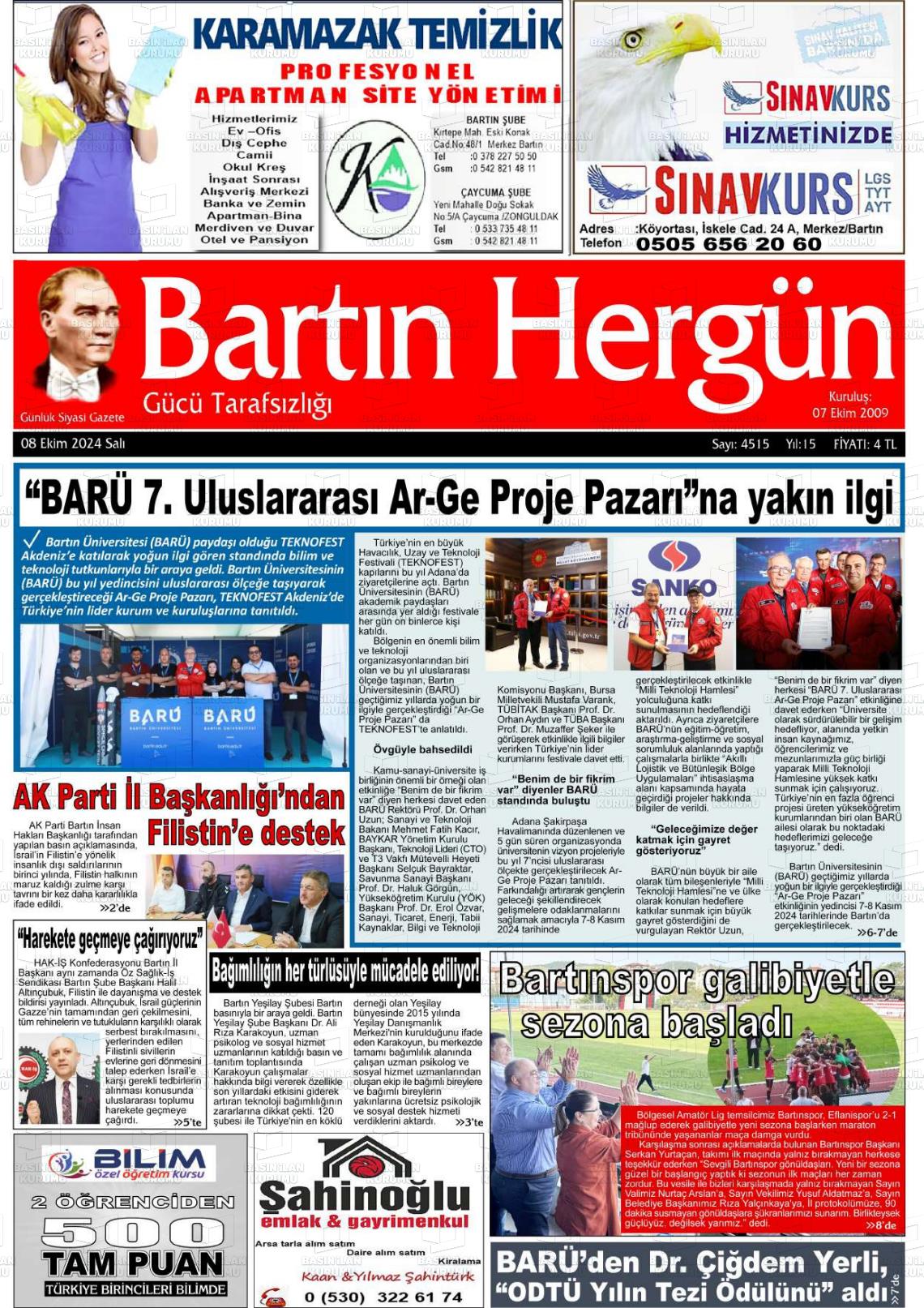 08 Ekim 2024 Bartın Hergün Gazete Manşeti