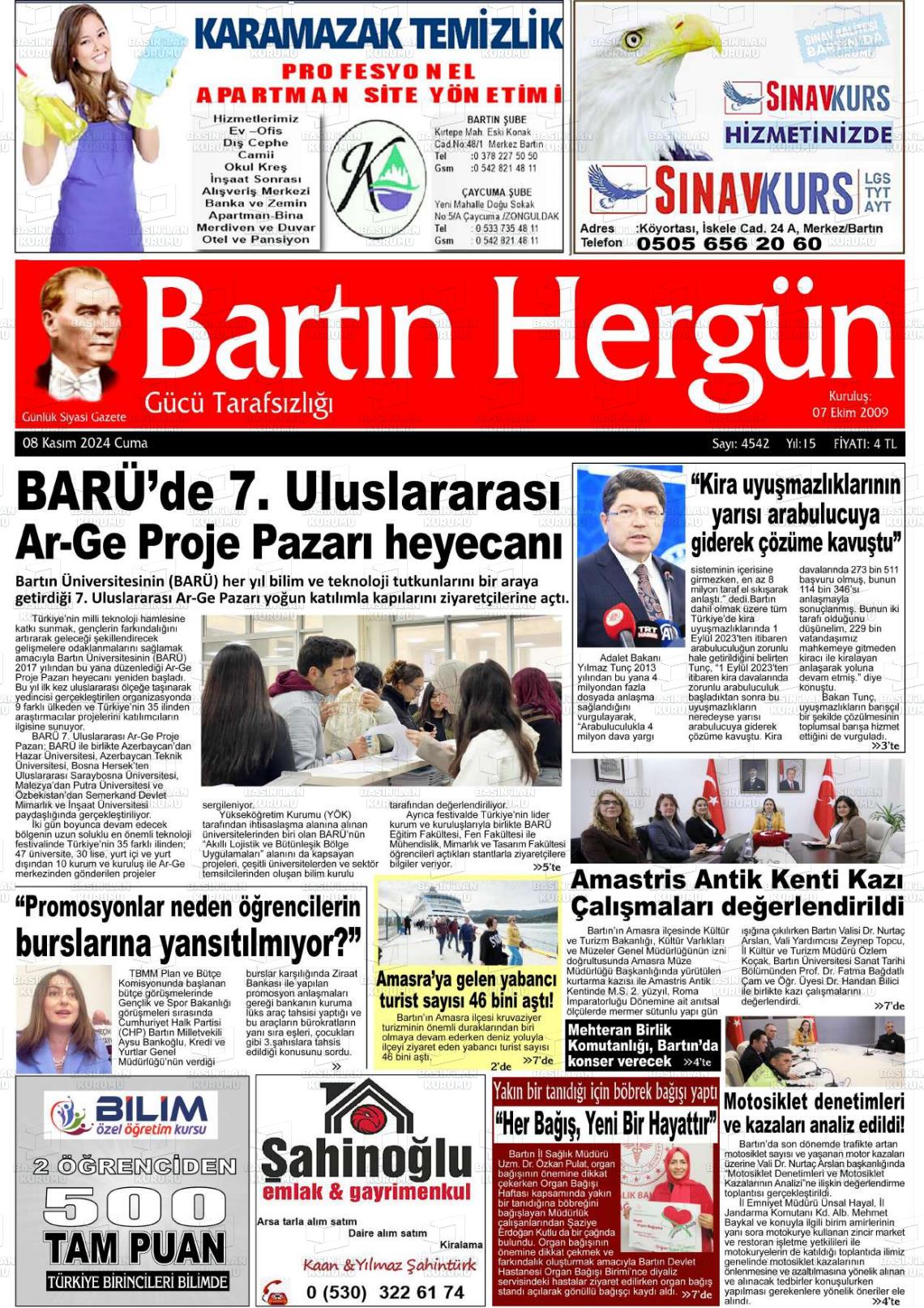 08 Kasım 2024 Bartın Hergün Gazete Manşeti