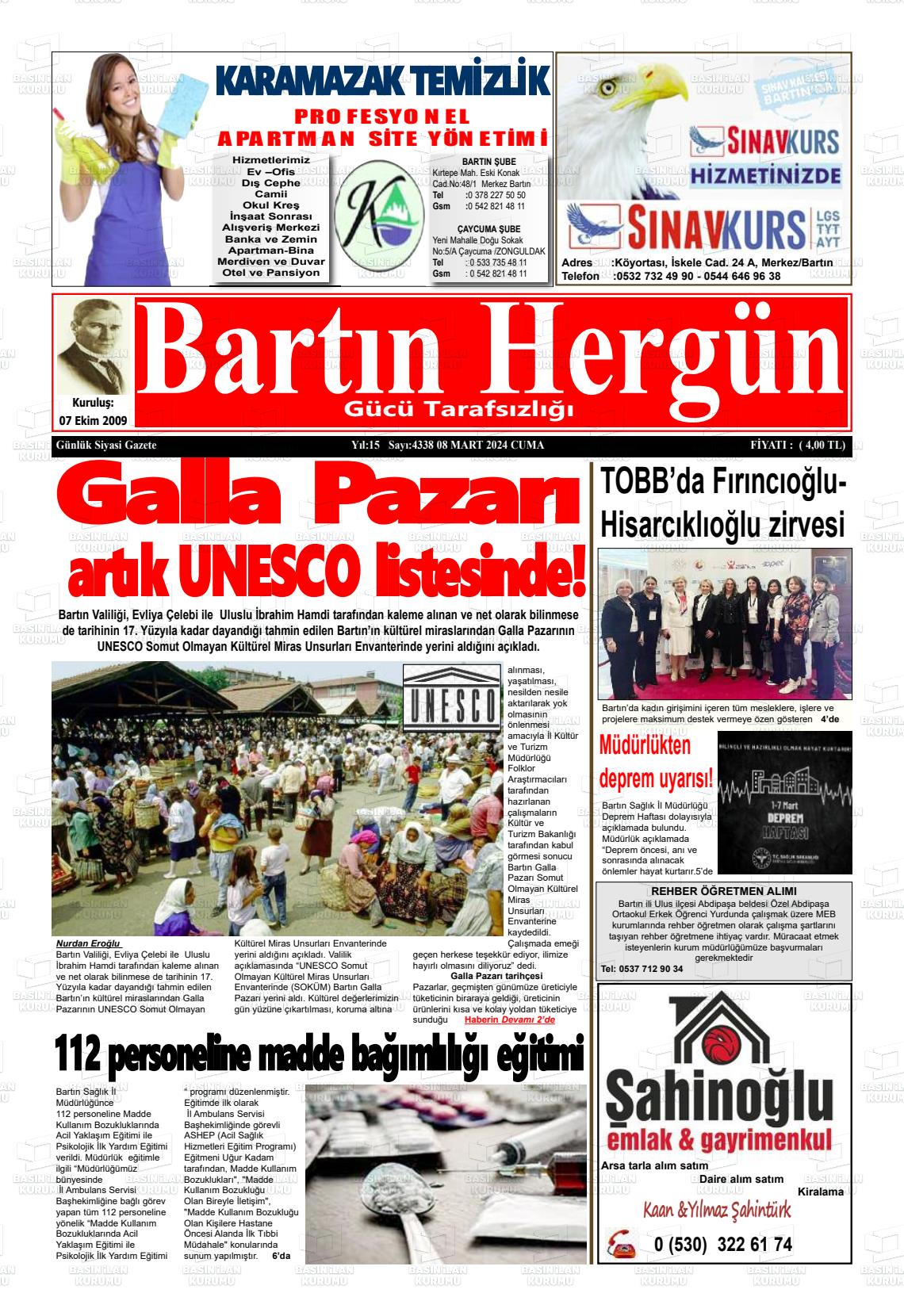 08 Mart 2024 Bartın Hergün Gazete Manşeti