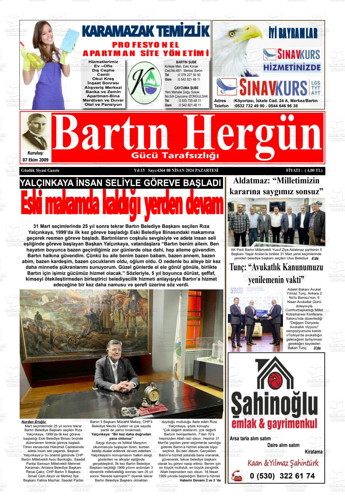 08 Nisan 2024 Bartın Hergün Gazete Manşeti