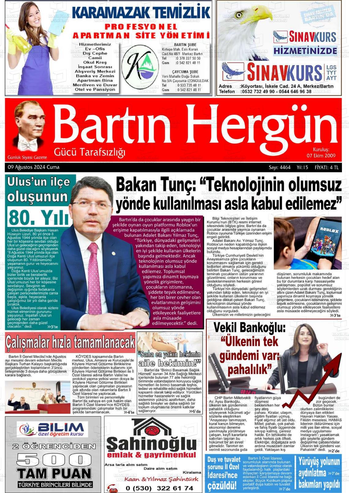 09 Ağustos 2024 Bartın Hergün Gazete Manşeti