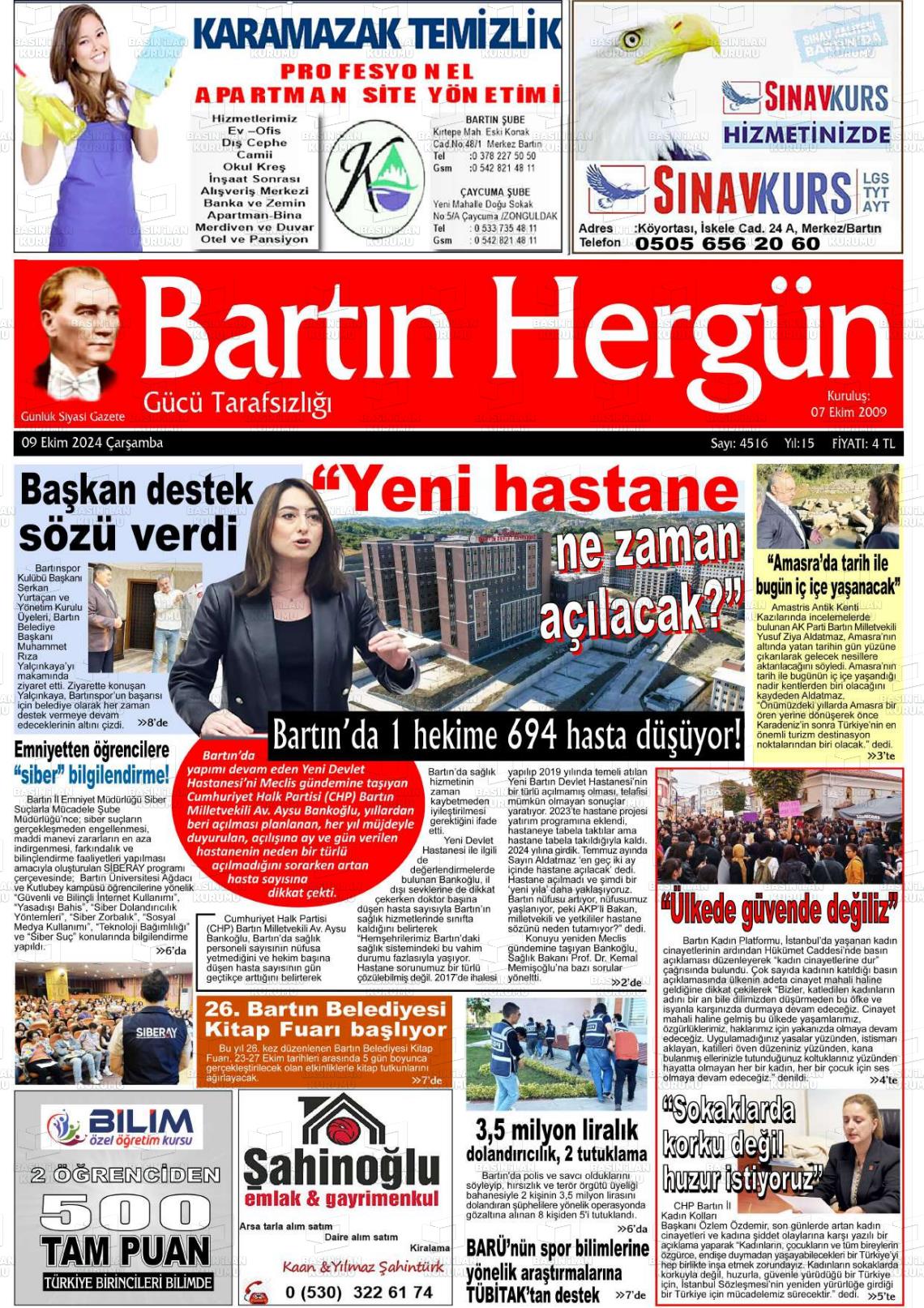 09 Ekim 2024 Bartın Hergün Gazete Manşeti