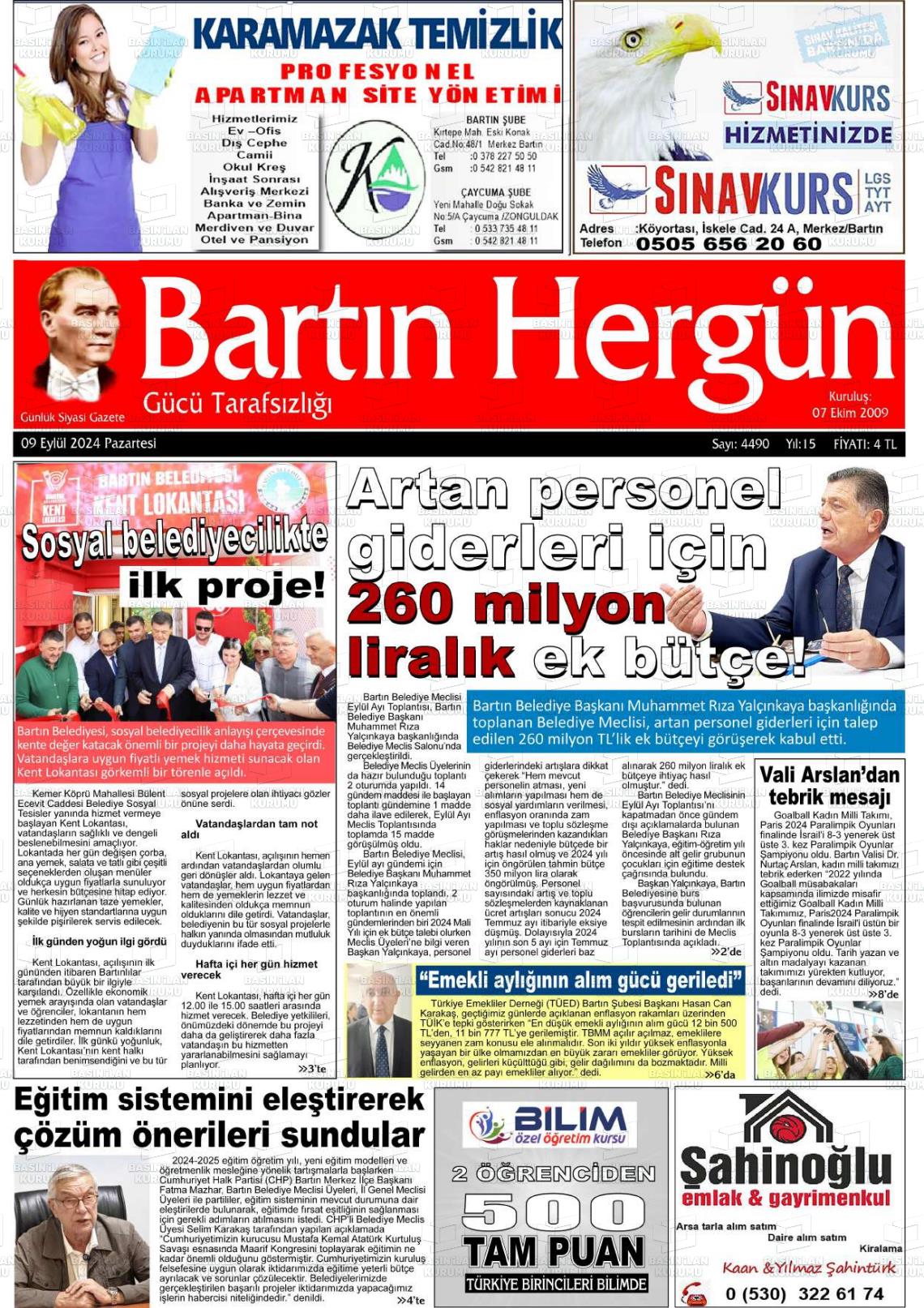 09 Eylül 2024 Bartın Hergün Gazete Manşeti