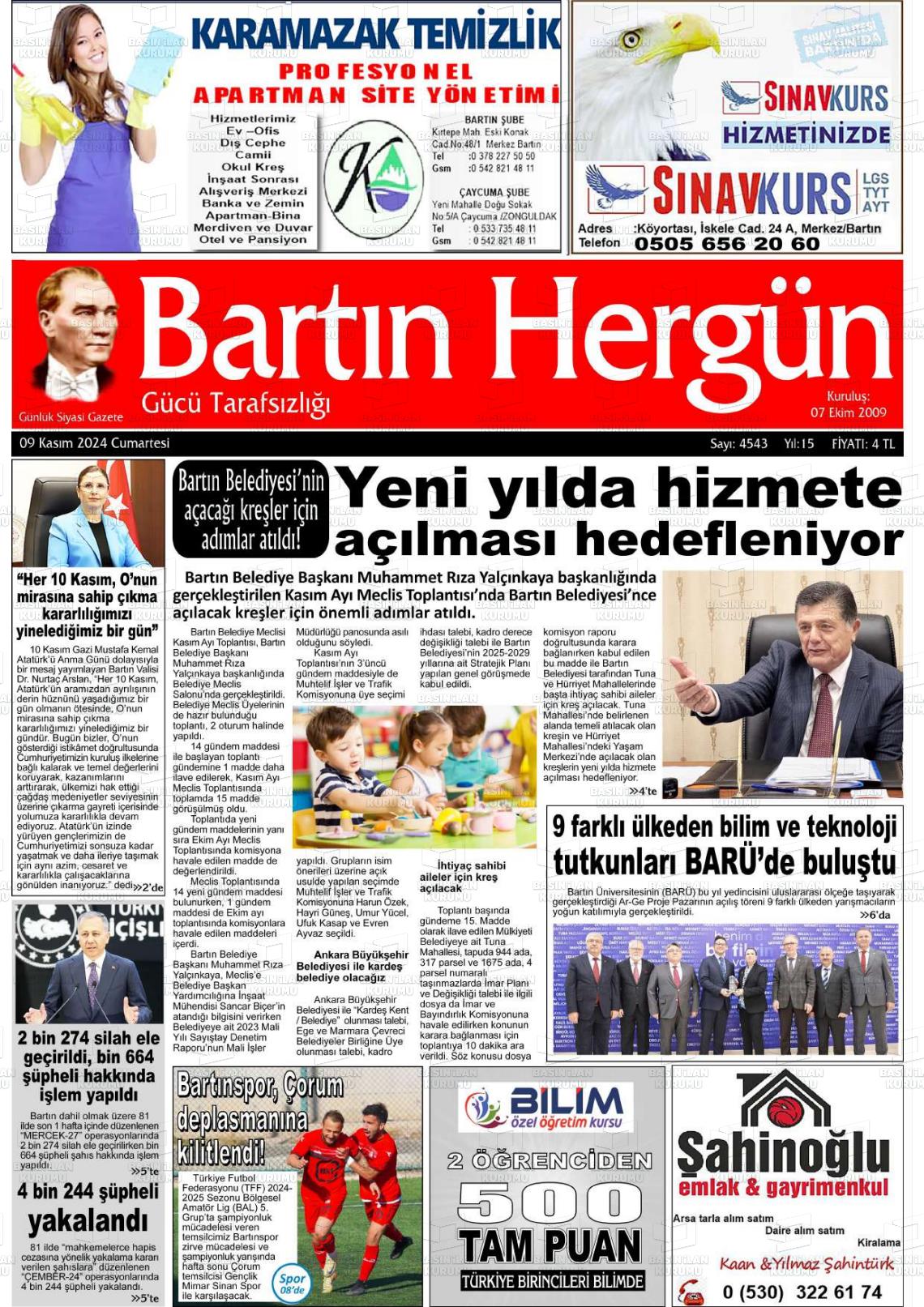 09 Kasım 2024 Bartın Hergün Gazete Manşeti