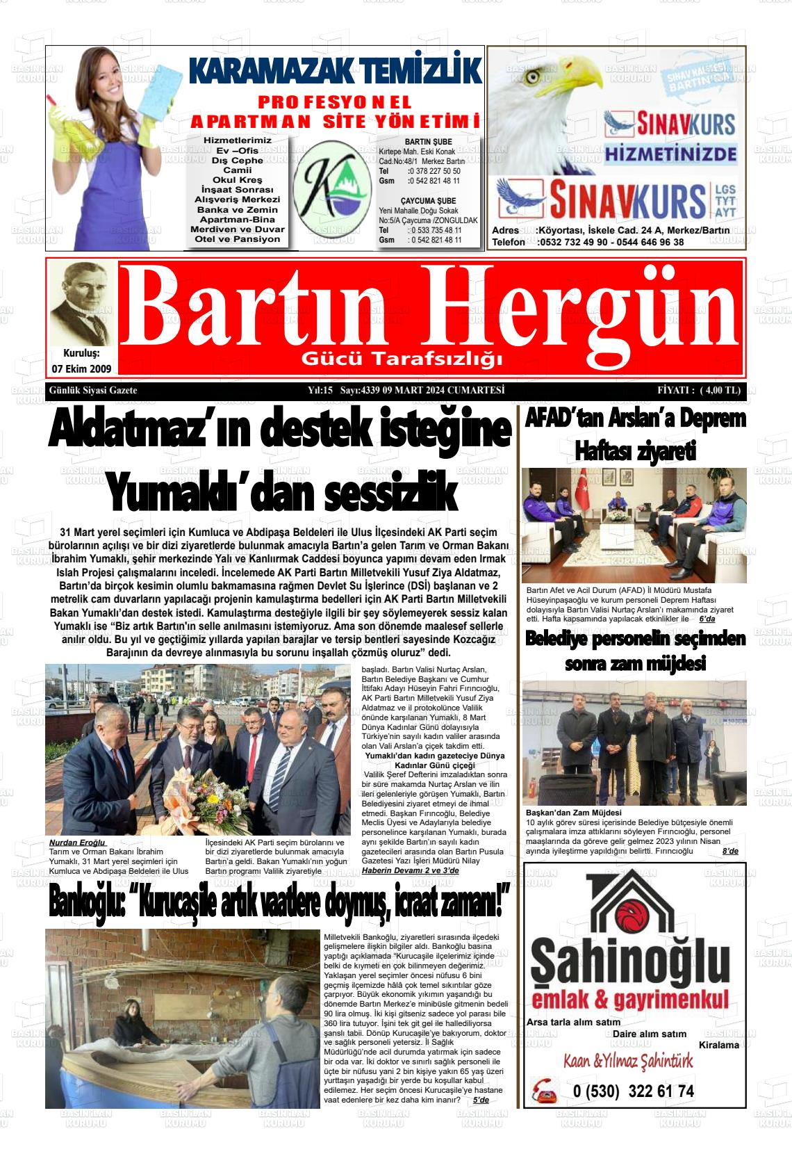 09 Mart 2024 Bartın Hergün Gazete Manşeti