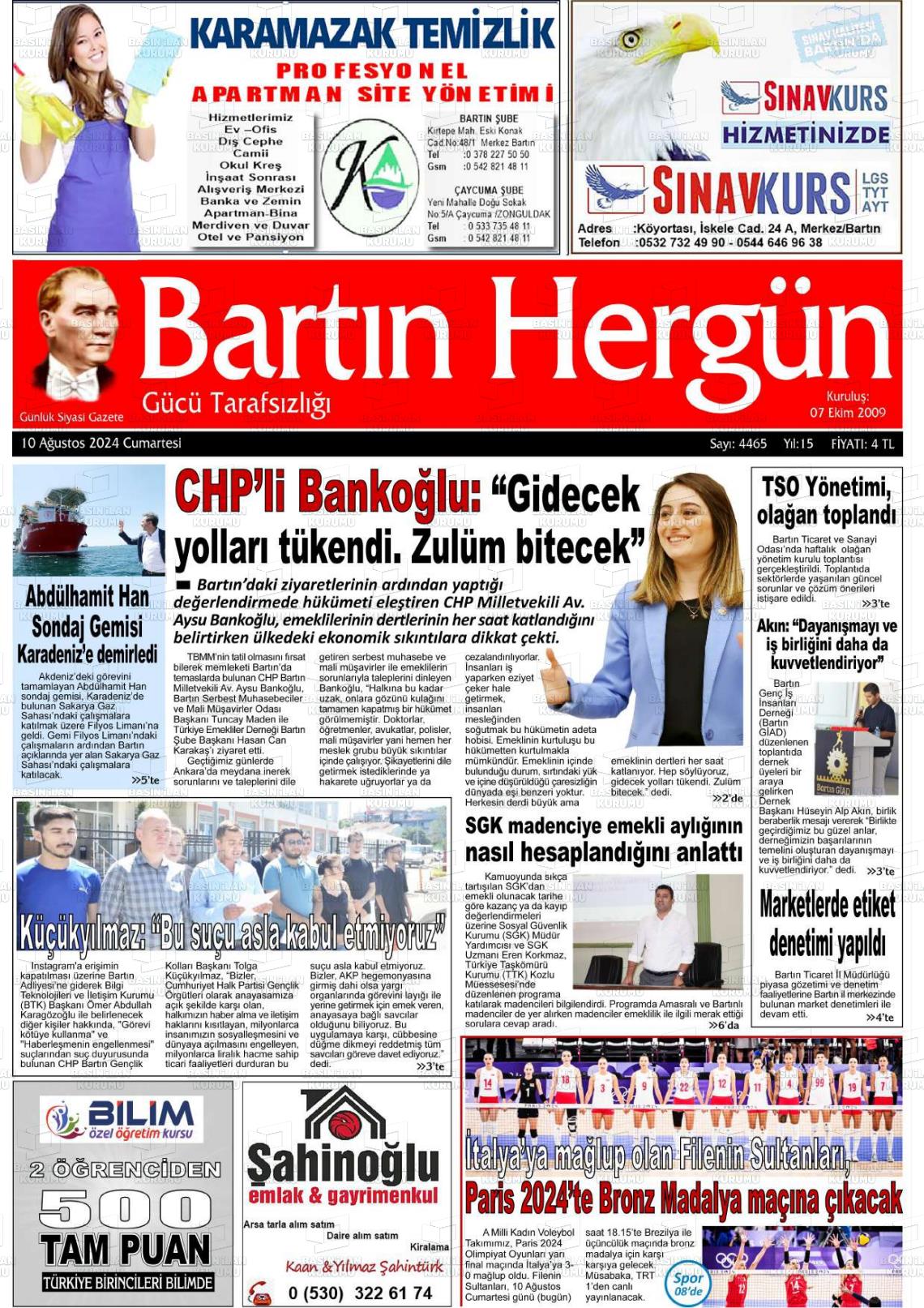 10 Ağustos 2024 Bartın Hergün Gazete Manşeti