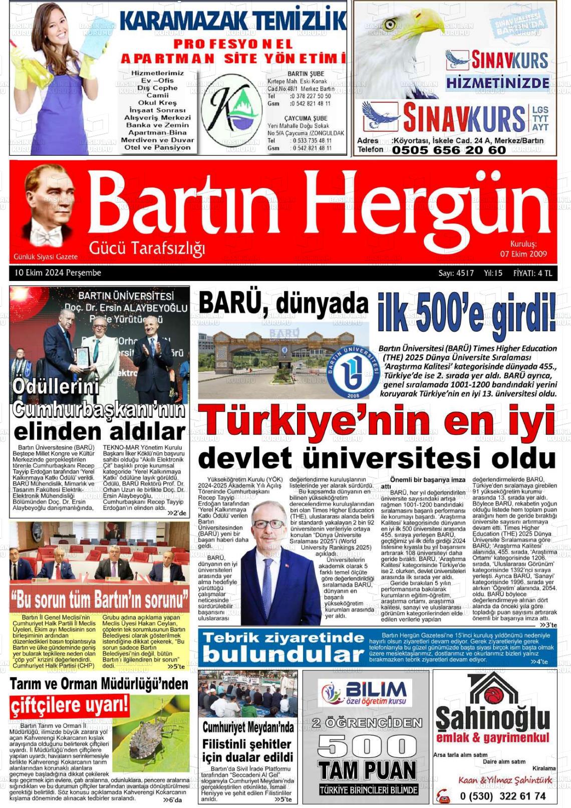 10 Ekim 2024 Bartın Hergün Gazete Manşeti