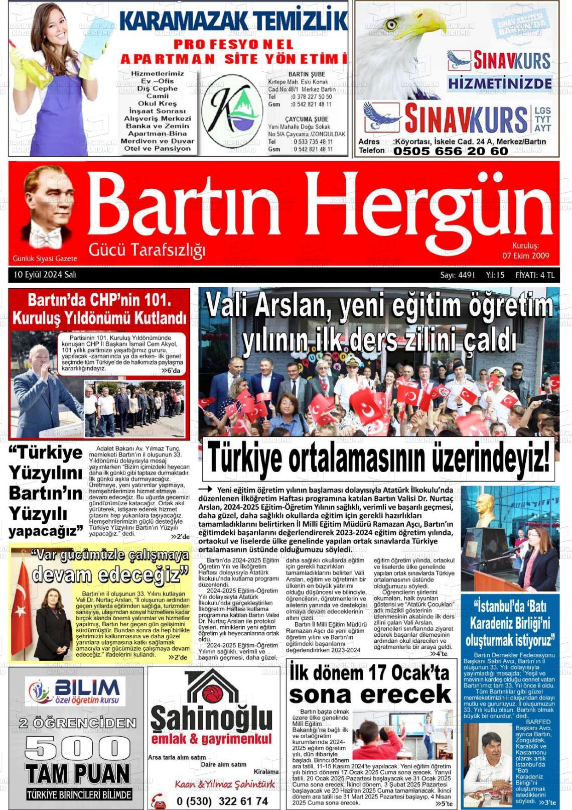 10 Eylül 2024 Bartın Hergün Gazete Manşeti