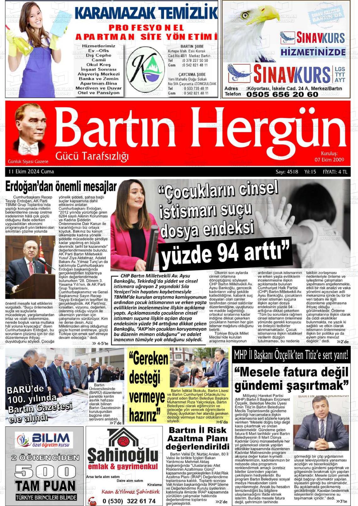 11 Ekim 2024 Bartın Hergün Gazete Manşeti