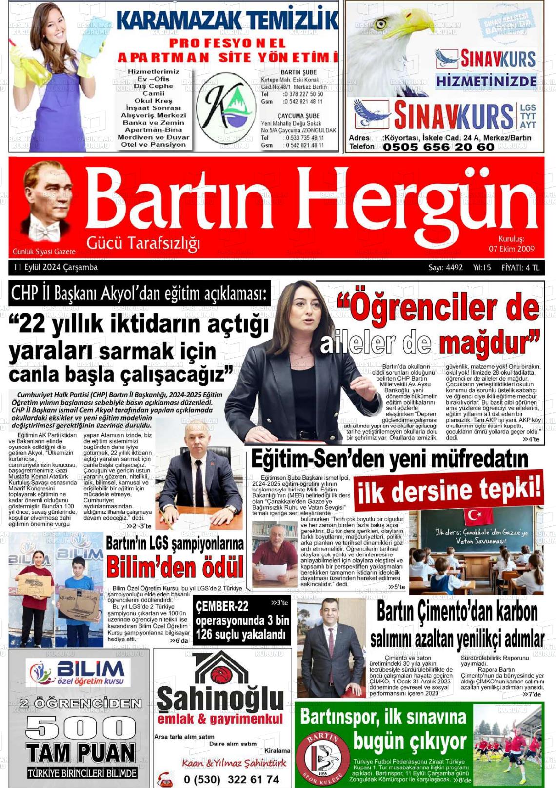 11 Eylül 2024 Bartın Hergün Gazete Manşeti