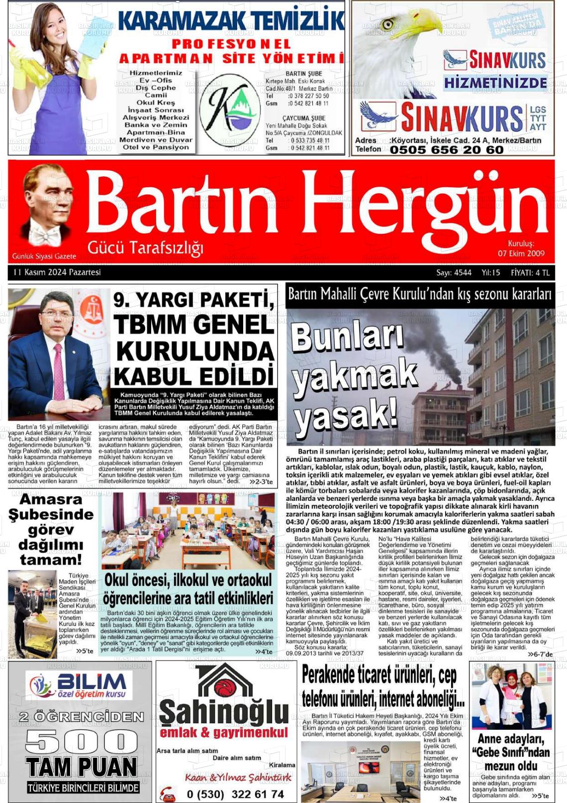 11 Kasım 2024 Bartın Hergün Gazete Manşeti