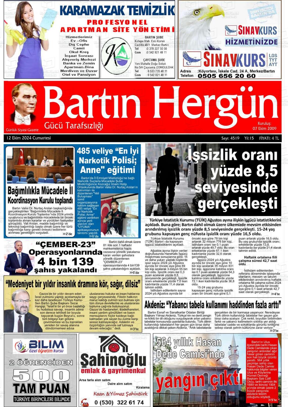 12 Ekim 2024 Bartın Hergün Gazete Manşeti