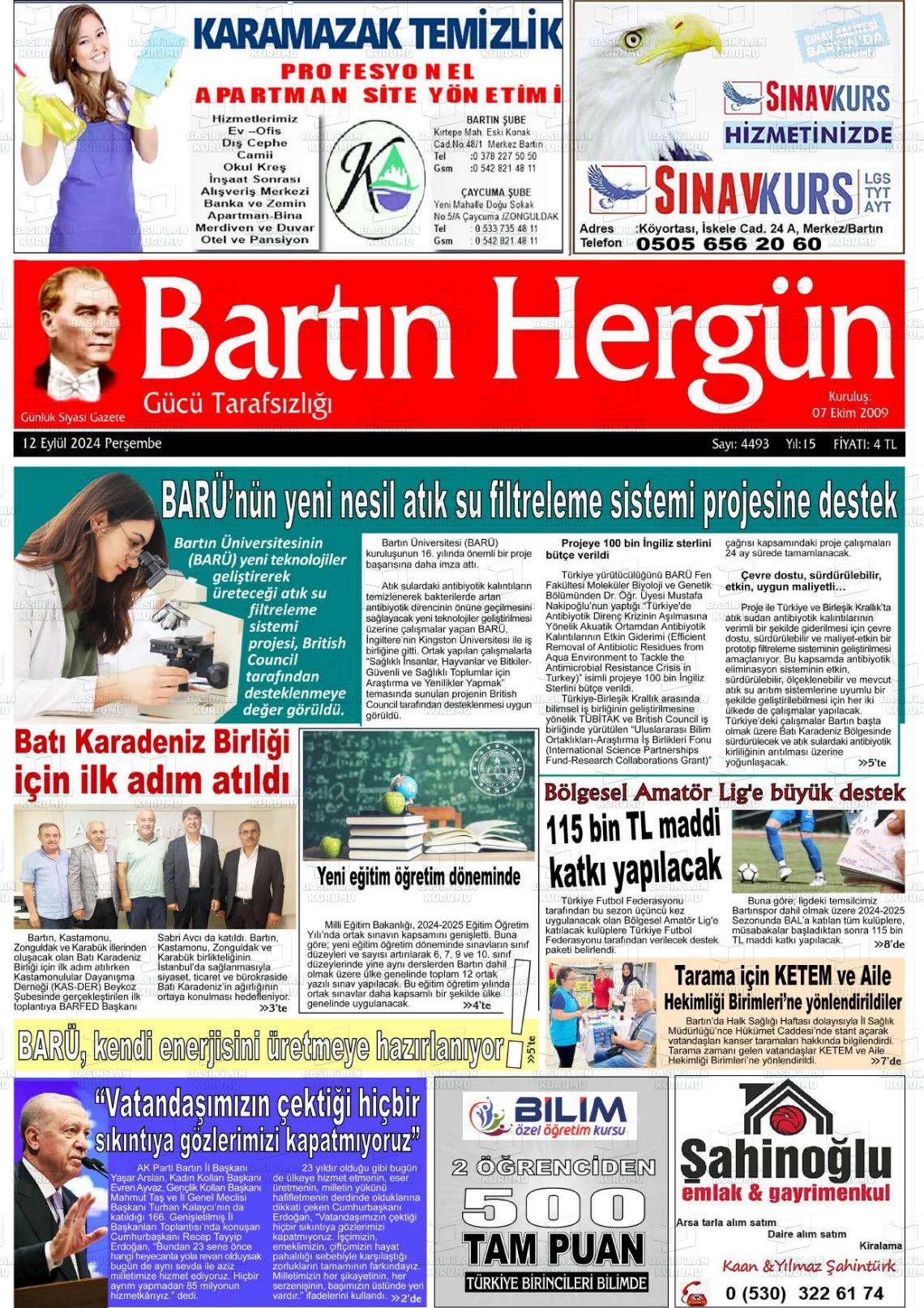 12 Eylül 2024 Bartın Hergün Gazete Manşeti