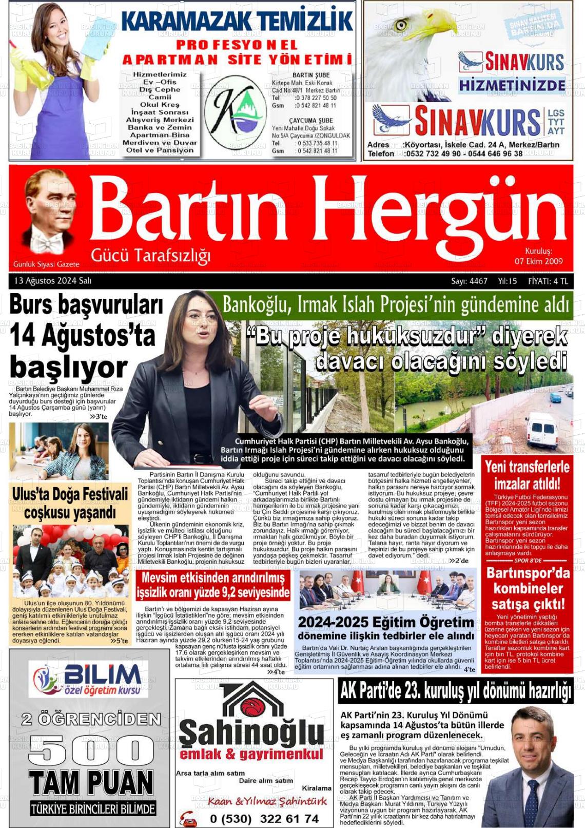 13 Ağustos 2024 Bartın Hergün Gazete Manşeti