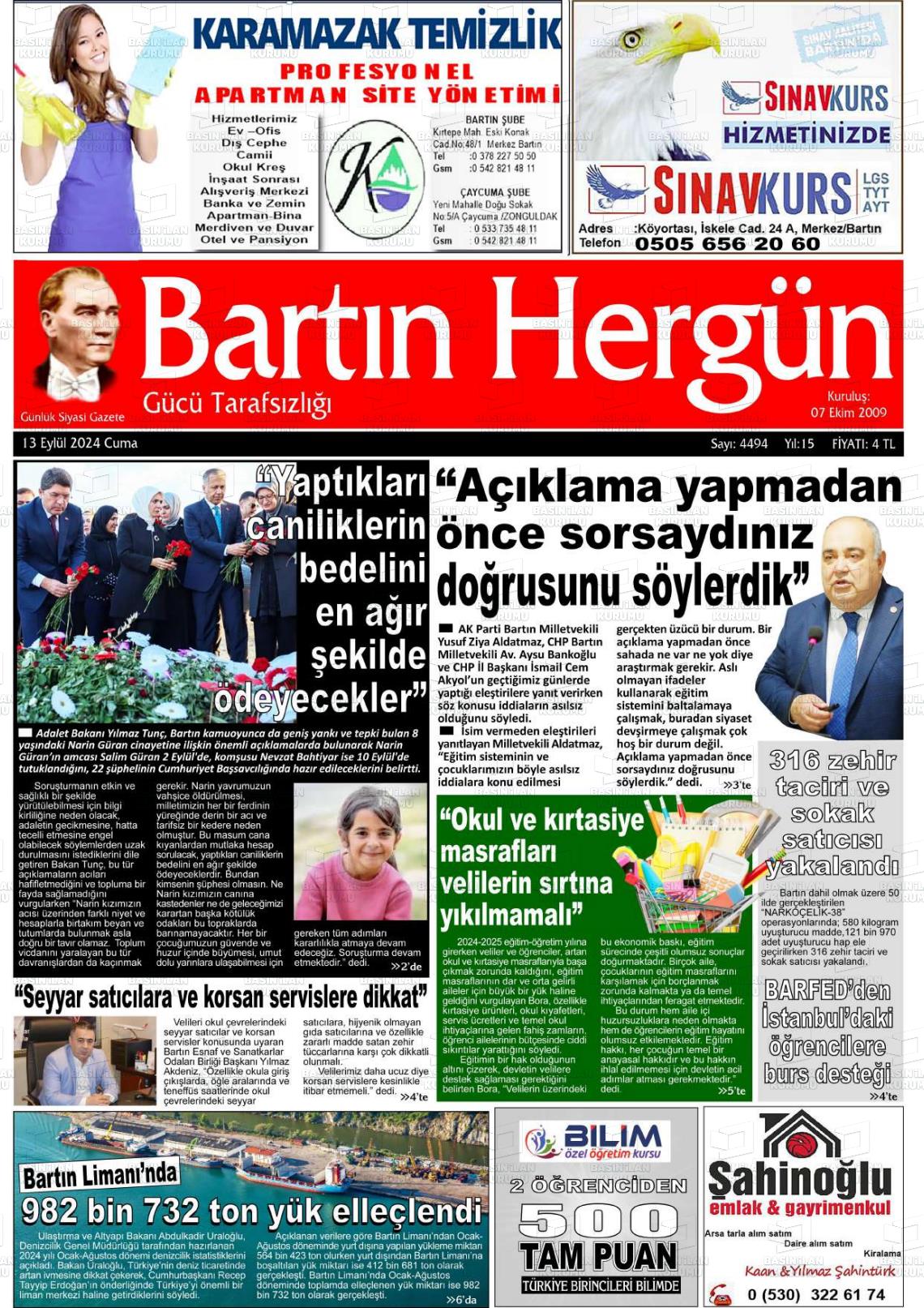 13 Eylül 2024 Bartın Hergün Gazete Manşeti