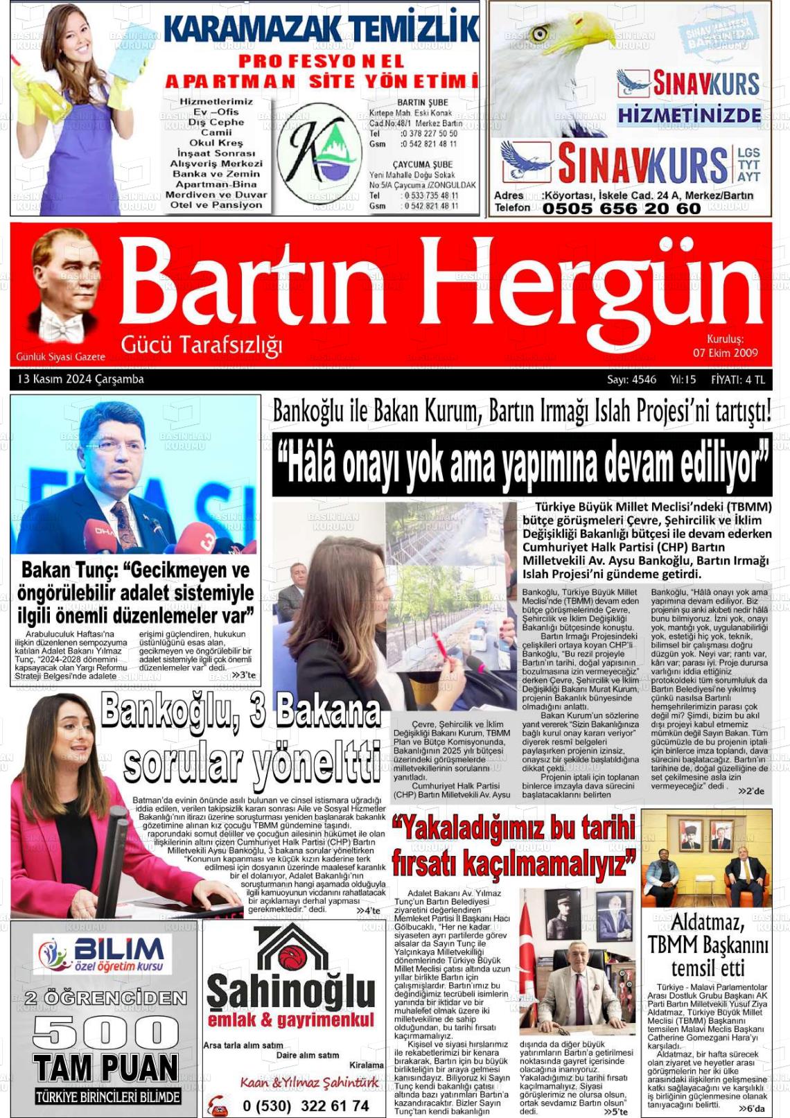 13 Kasım 2024 Bartın Hergün Gazete Manşeti