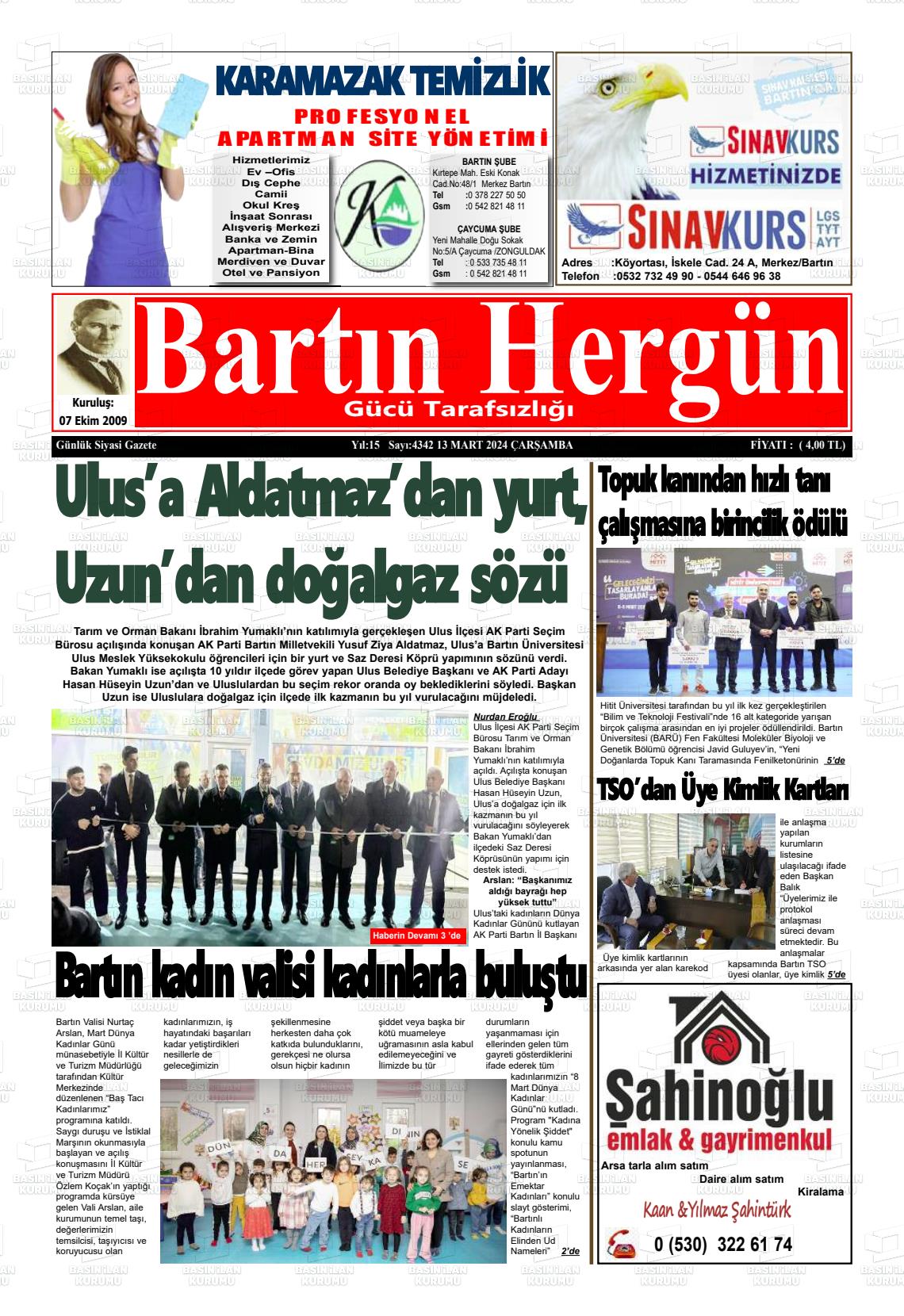 13 Mart 2024 Bartın Hergün Gazete Manşeti